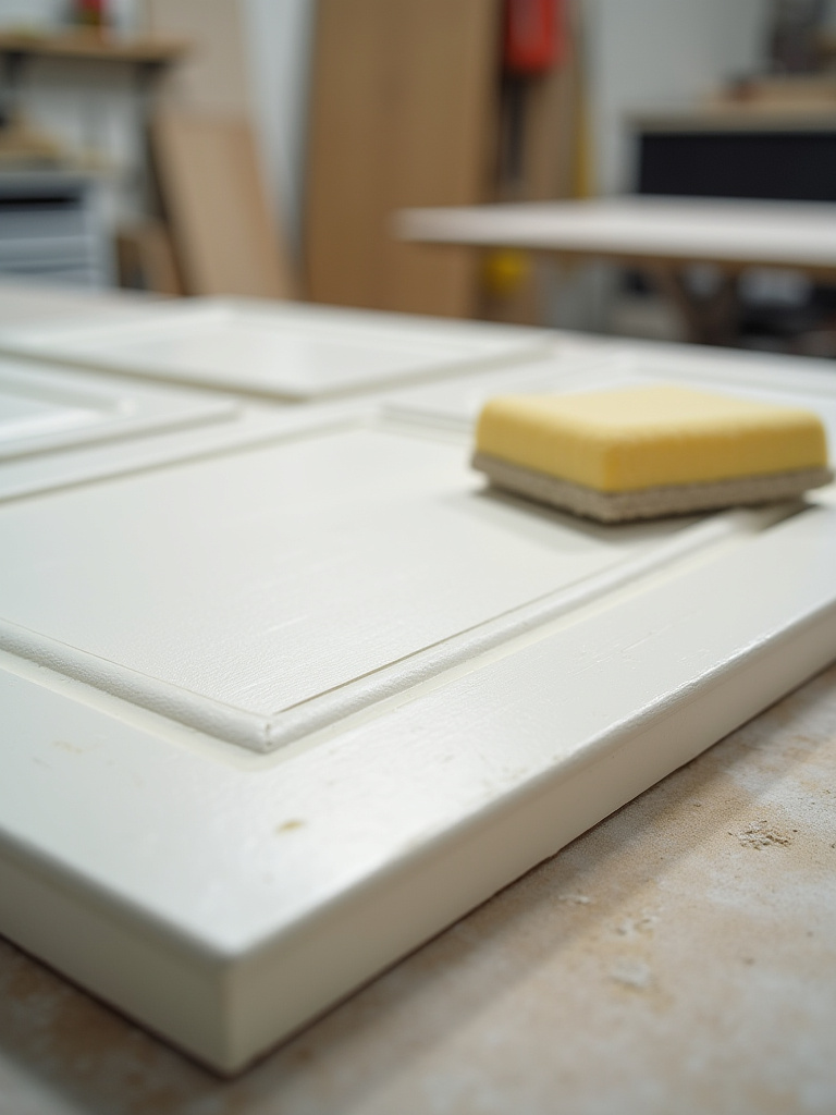 A clean, sanded kitchen cabinet door on a workbench, representing proper surface preparation for paint adhesion.
