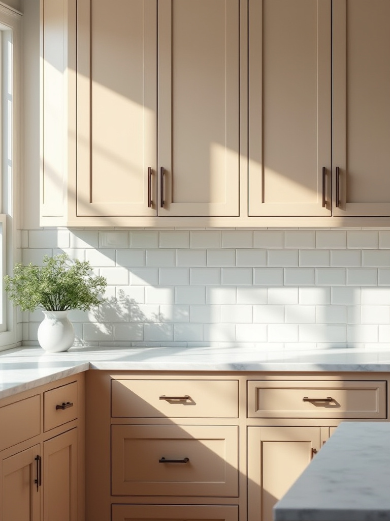 A stylish kitchen vignette showcasing creamy white kitchen cabinets paired with a warm-toned marble countertop and subway tile backsplash, illustrating the perfect matching of color undertones for a harmonious design.