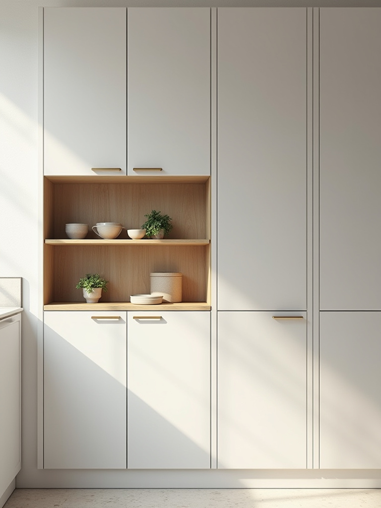 Modern kitchen with a long run of light-colored cabinets. Two warm wooden open shelves are integrated, styled with ceramic bowls and plants, effectively breaking up the cabinet expanse using Kitchen Open Shelving.