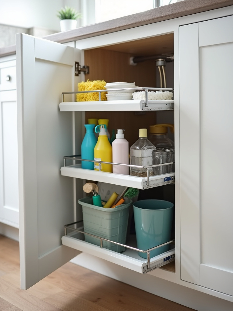 Optimized undersink and cabinet door storage in a small kitchen featuring pull-out shelves, door racks, and cleaning supplies.
