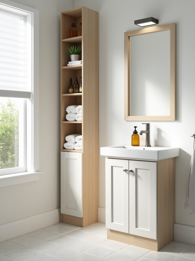 Tall, slim white wooden cabinet with open shelves and closed doors next to a pedestal sink in a small, modern bathroom, showing organized vertical storage solutions.