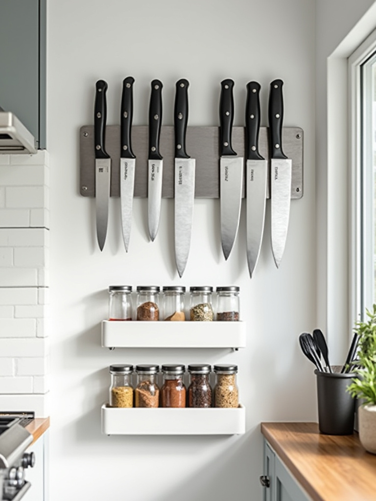 Small kitchen wall with magnetic knife strip holding various knives and a wall-mounted spice rack filled with spice jars. Vertical kitchen organization maximizing space.