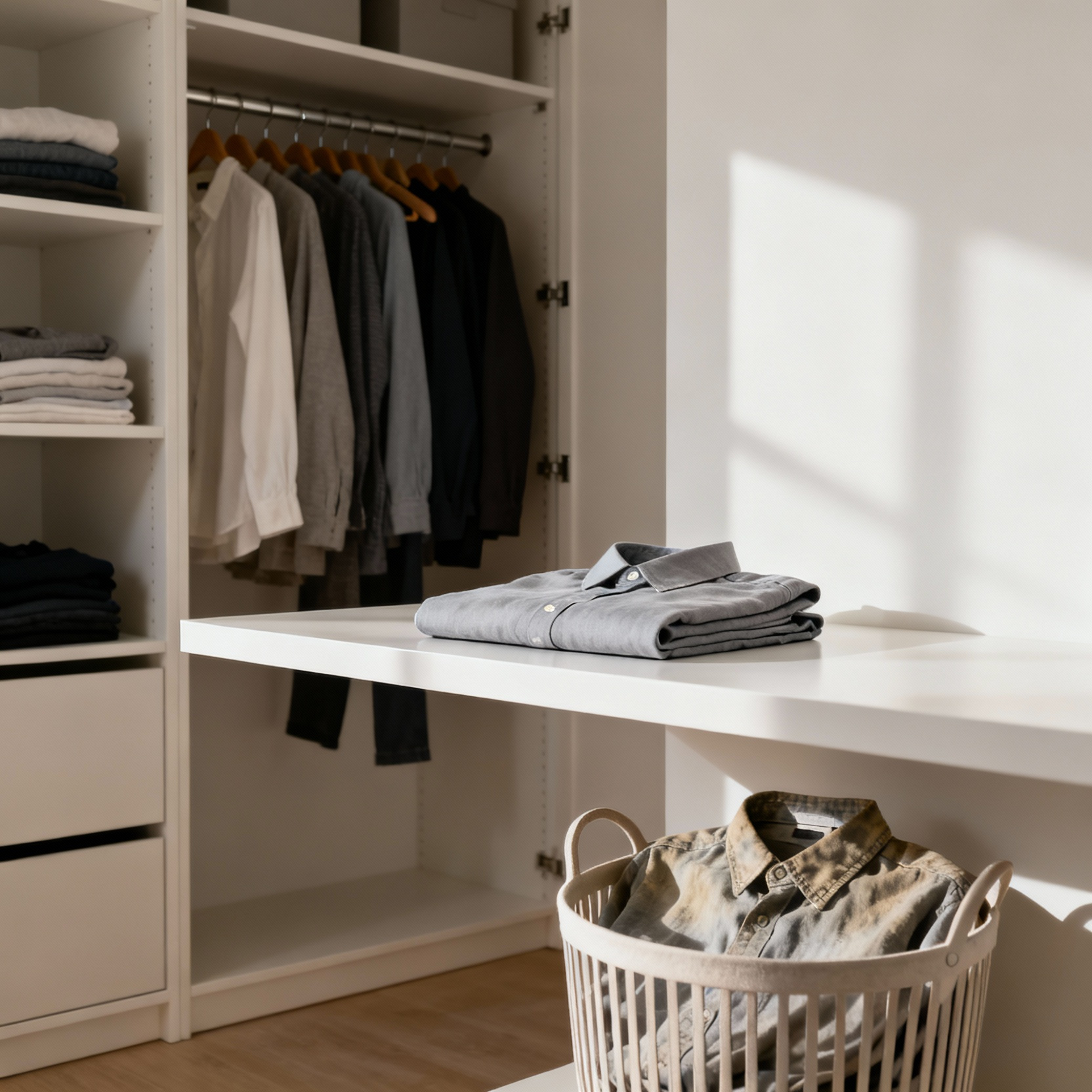 A pristine walk-in closet featuring neatly organized clothing on racks and shelves, with a new item entering the wardrobe as an old item is placed in a donation basket, demonstrating the 'one-in-one-out' principle.
