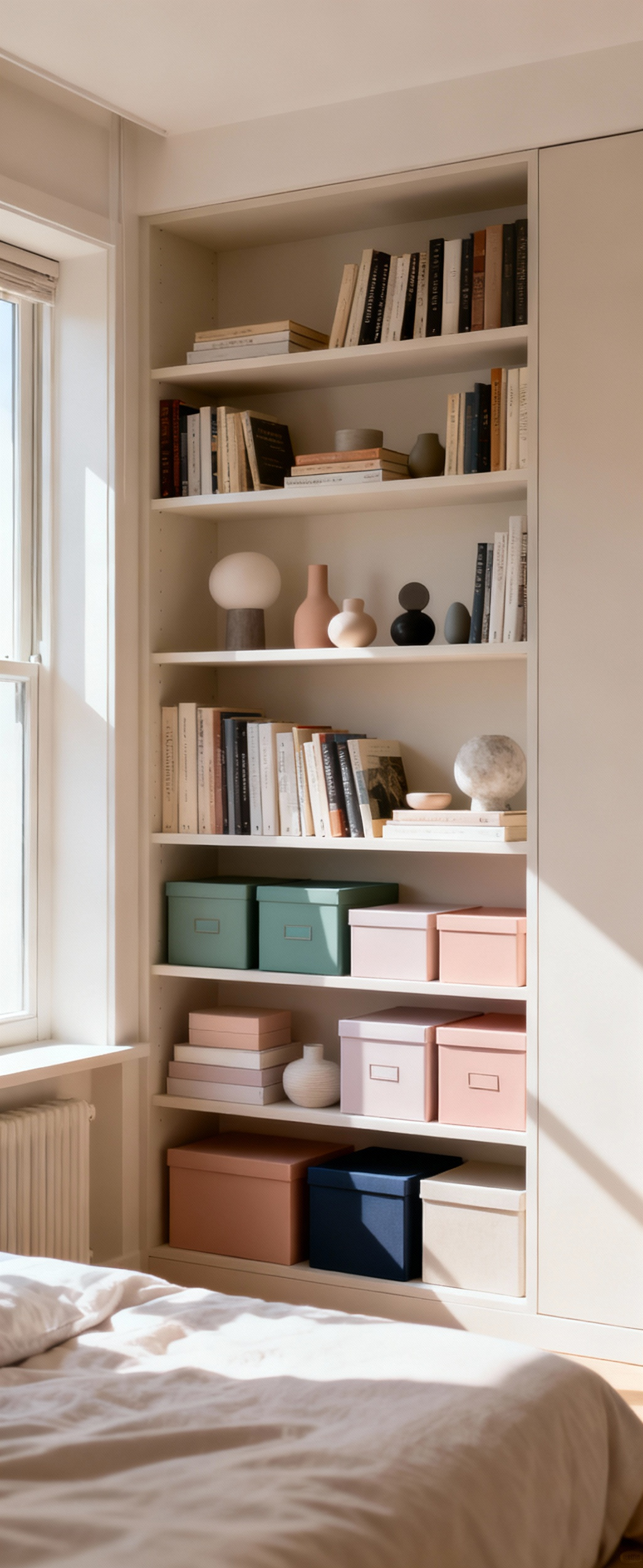 Bedroom shelving unit with books and decorative items color-coded and grouped thematically for enhanced visual order and a tranquil aesthetic.