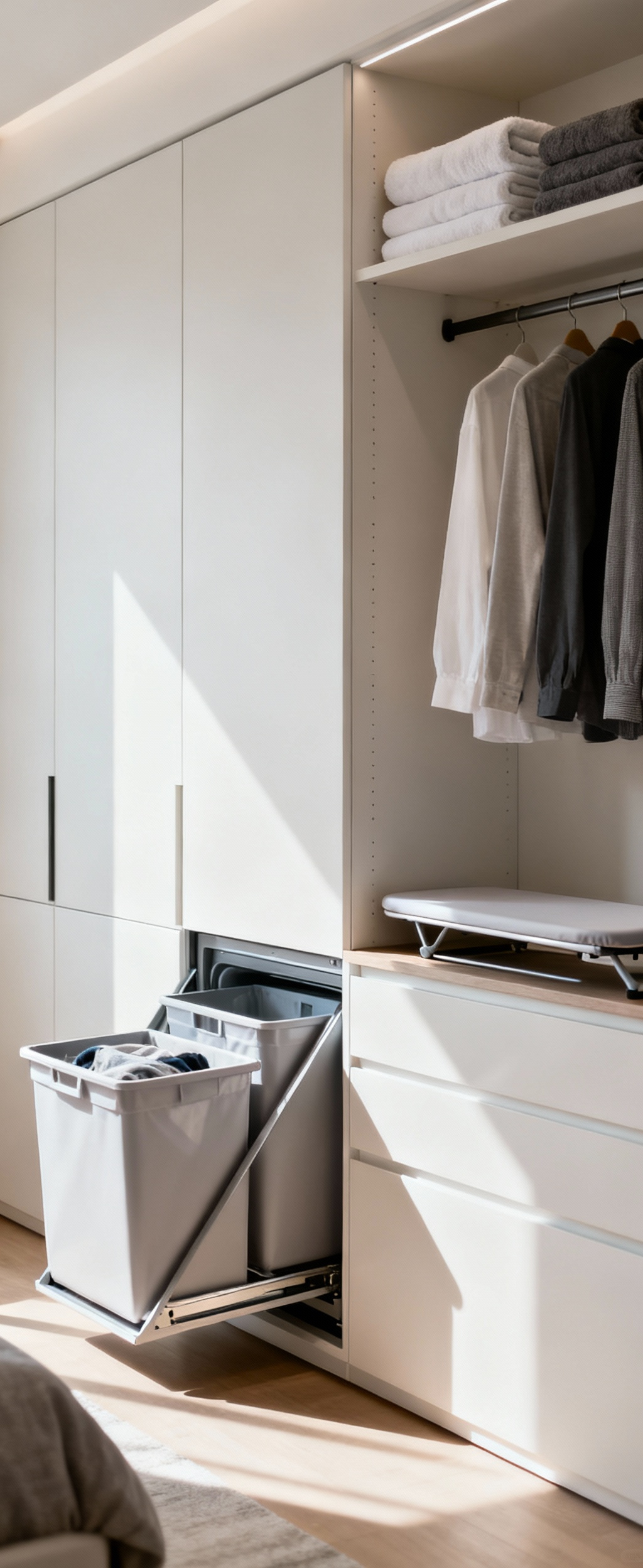 Modern bedroom wardrobe with integrated, concealed laundry hampers and a pull-out folding surface, designed for a seamless laundry workflow.