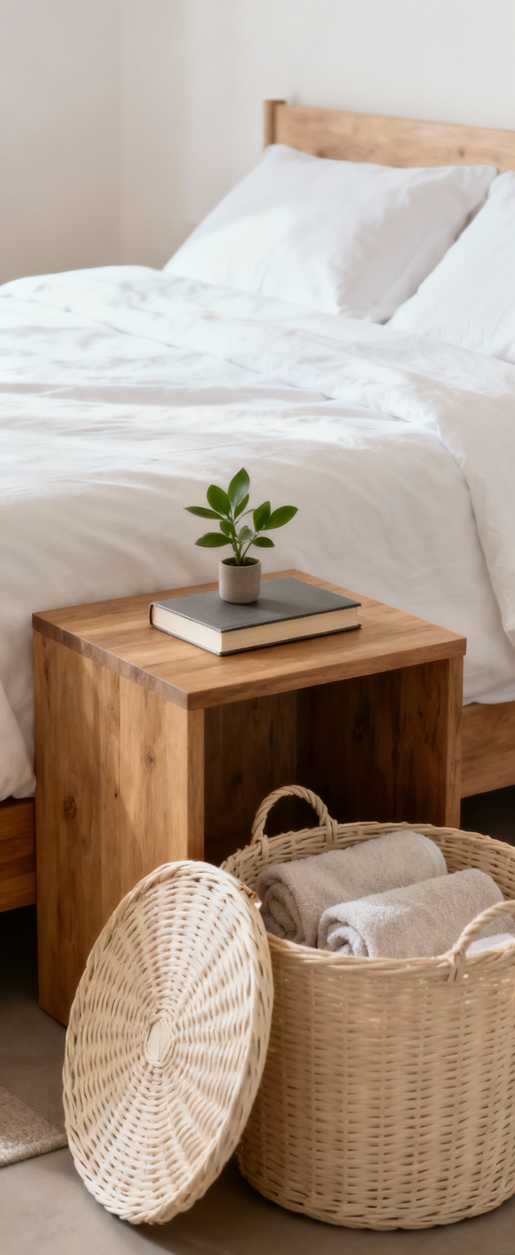 A serene and perfectly organized bedroom corner, showcasing a neat bed, minimalist nightstand with a small plant, and an open wicker basket with folded towels, emphasizing consistent tidiness and routine maintenance.