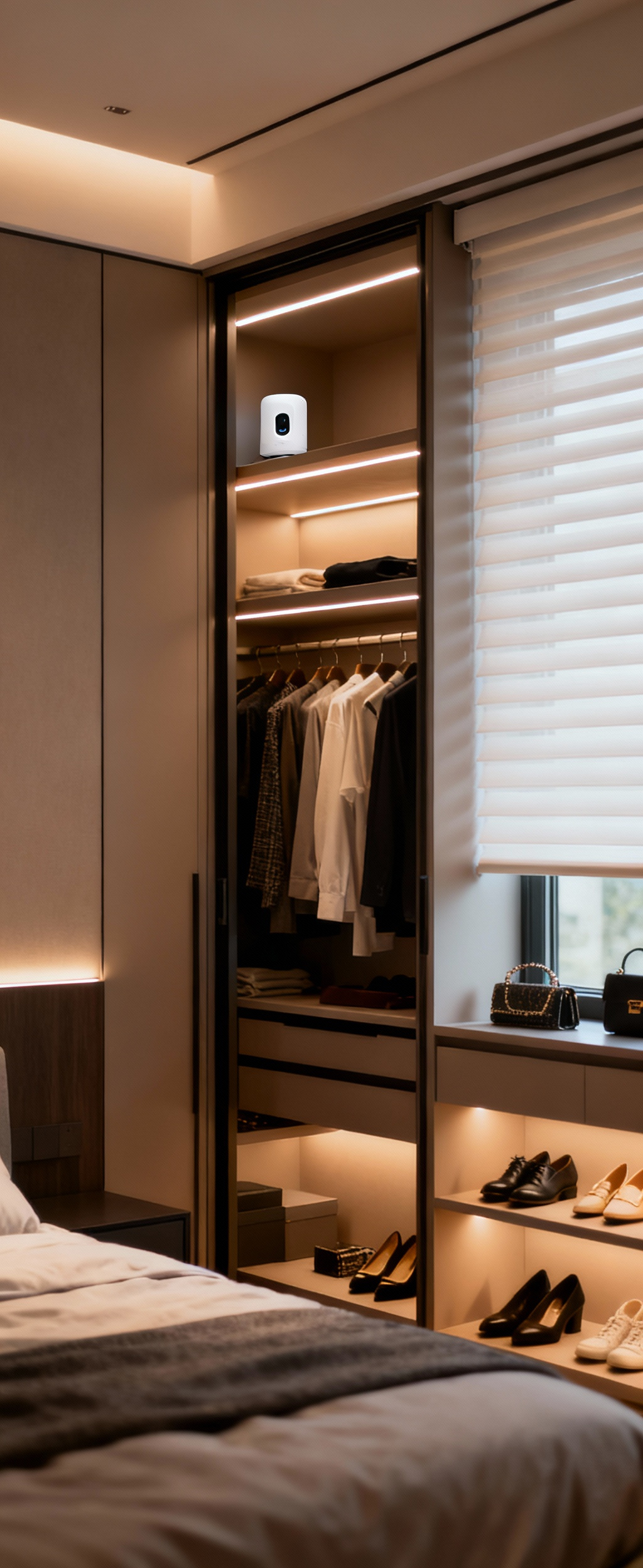Bedroom walk-in closet with smart LED lighting and automated environmental sensors, showcasing organized clothes and accessories under optimal conditions.