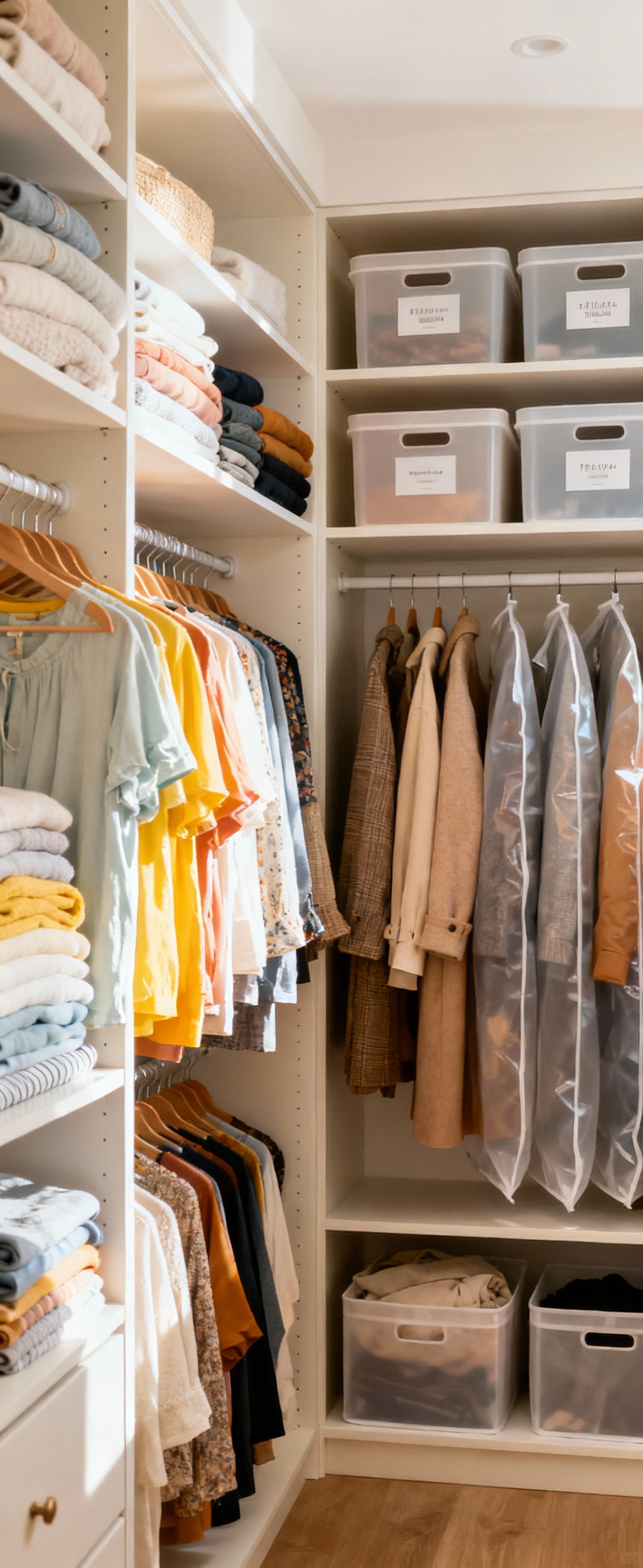 A perfectly organized walk-in closet demonstrating the First-In, First-Out (FIFO) principle with current-season clothing neatly displayed and off-season garments stored efficiently in labeled containers.