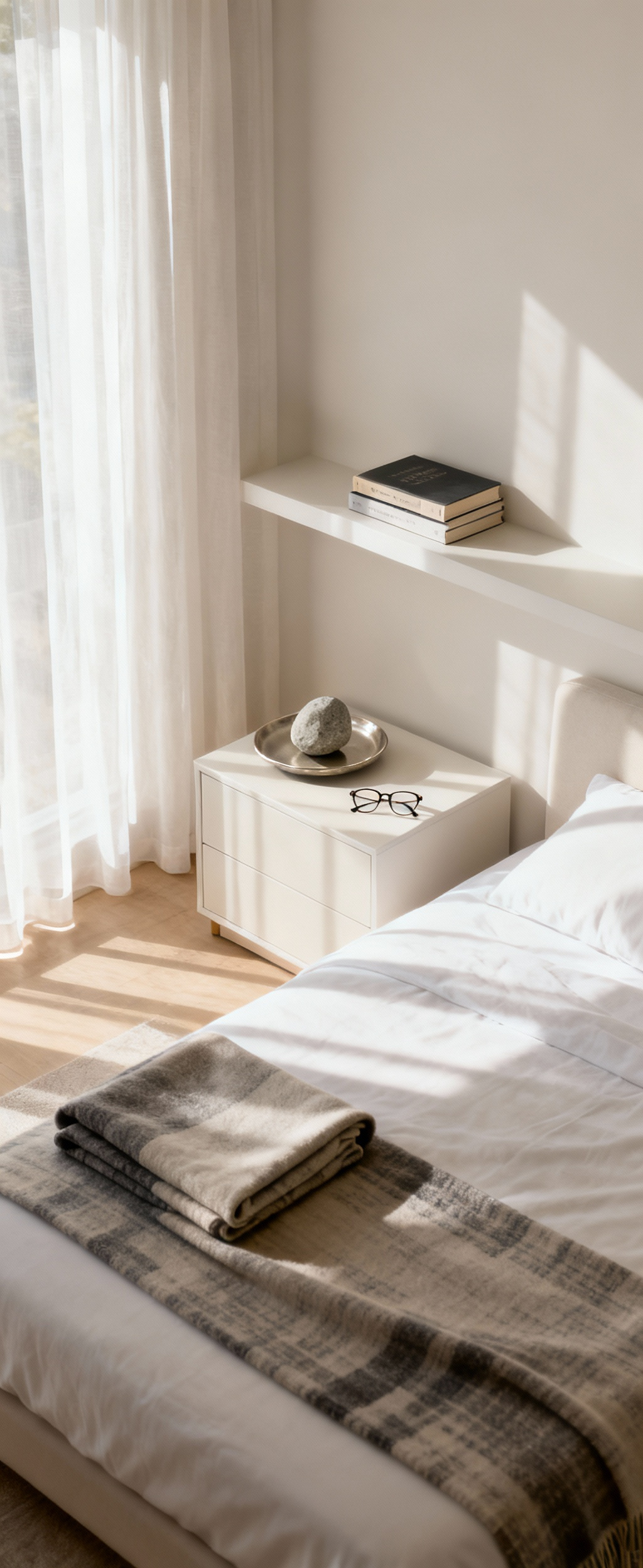 Bedroom nightstand with a minimalist decorative tray and perfectly organized small items, bathed in morning light, symbolizing micro-decluttering