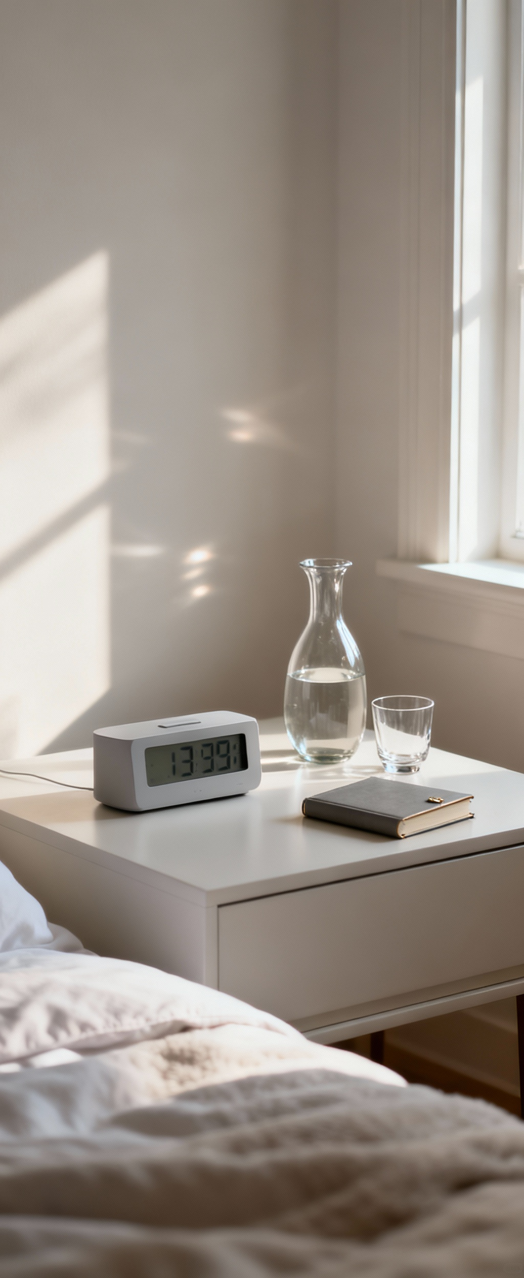 A pristine and minimalist nightstand surface with only essential items, reflecting a calm and organized bedroom environment.