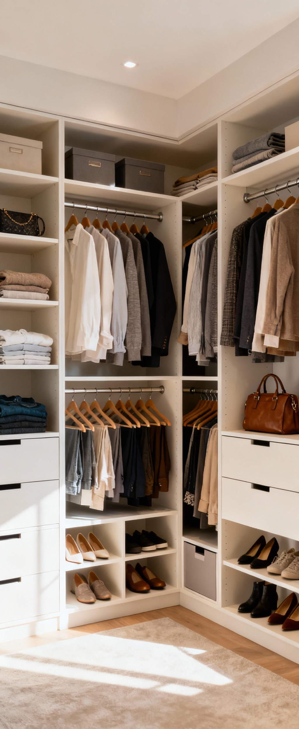 A modern custom closet interior with tailored hanging solutions and shelving configurations, showing organized clothes, shoes, and accessories, bathed in natural light.