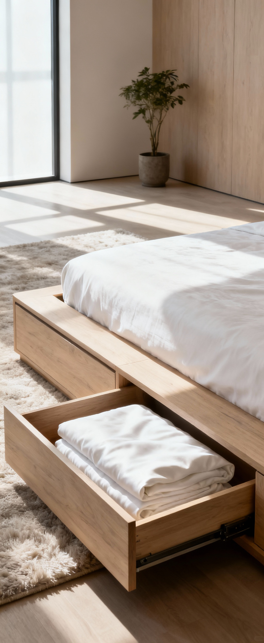 A modern bedroom with a platform bed featuring integrated under-bed storage drawers, one slightly open to show linens.