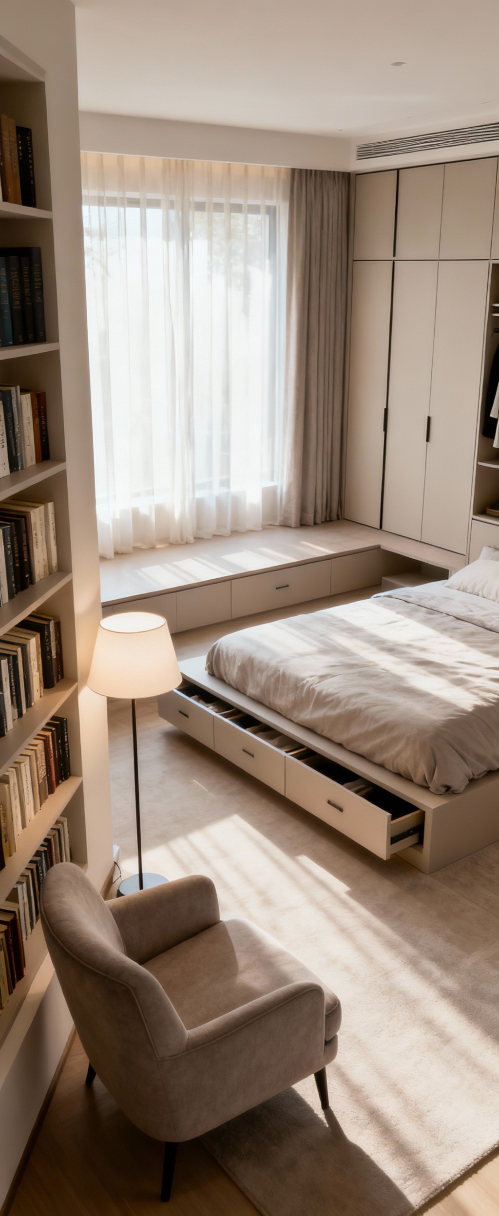 Expertly designed bedroom with clear, separate zones for sleeping, reading, and dressing, showcasing smart storage and a harmonious layout.