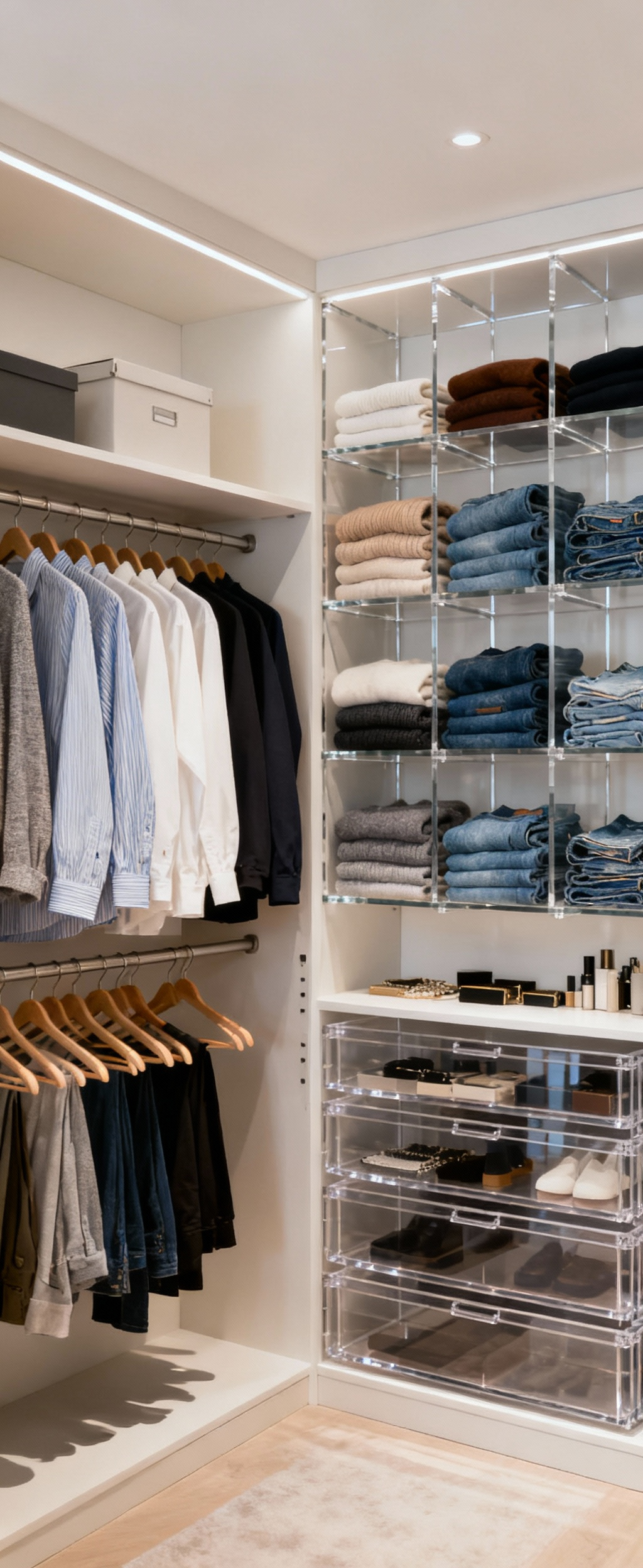 Portrait view of a meticulously organized wardrobe demonstrating strategic zoning with adjustable shelves, clear drawers, and uniform hangers for optimal functional flow and accessibility.