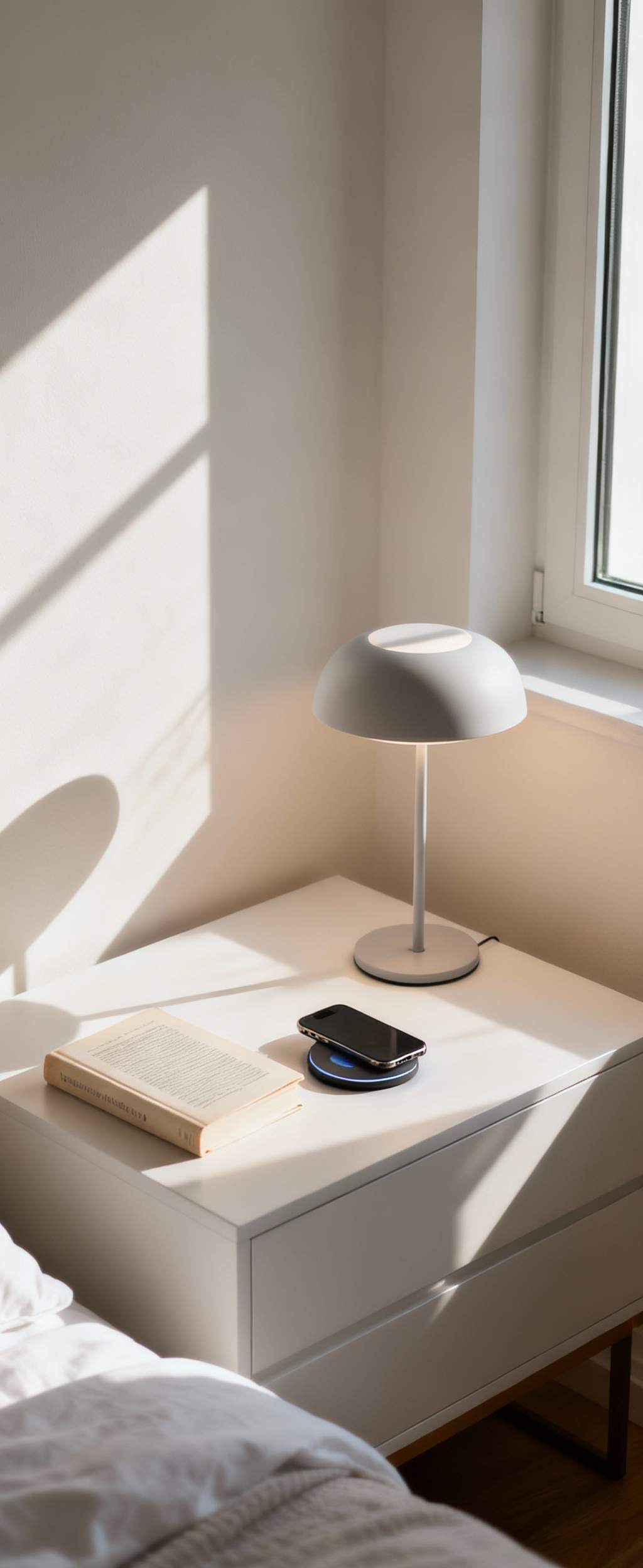 A clean, minimalist bedroom nightstand with no visible cables, showcasing discreet cable management. A modern lamp and a book are on the nightstand, under soft natural light, highlighting a clutter-free environment.