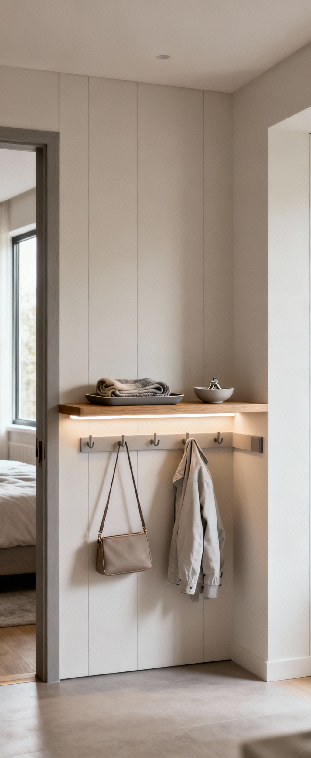 Modern minimalist launchpad zone in a bedroom with floating shelf, LED lighting, valet tray, key bowl, and integrated hooks for bags and jackets, designed for streamlined daily routines.
