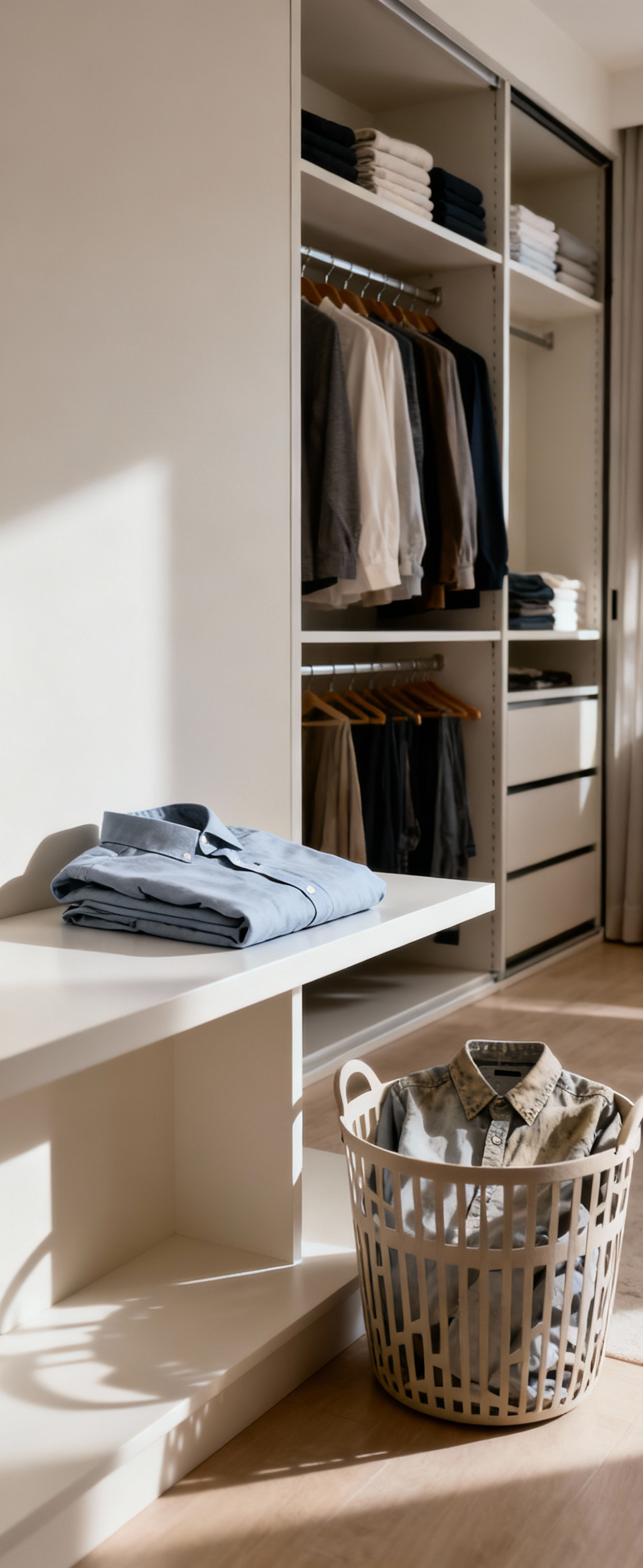 A pristine walk-in closet featuring neatly organized clothing on racks and shelves, with a new item entering the wardrobe as an old item is placed in a donation basket, demonstrating the 'one-in-one-out' principle.