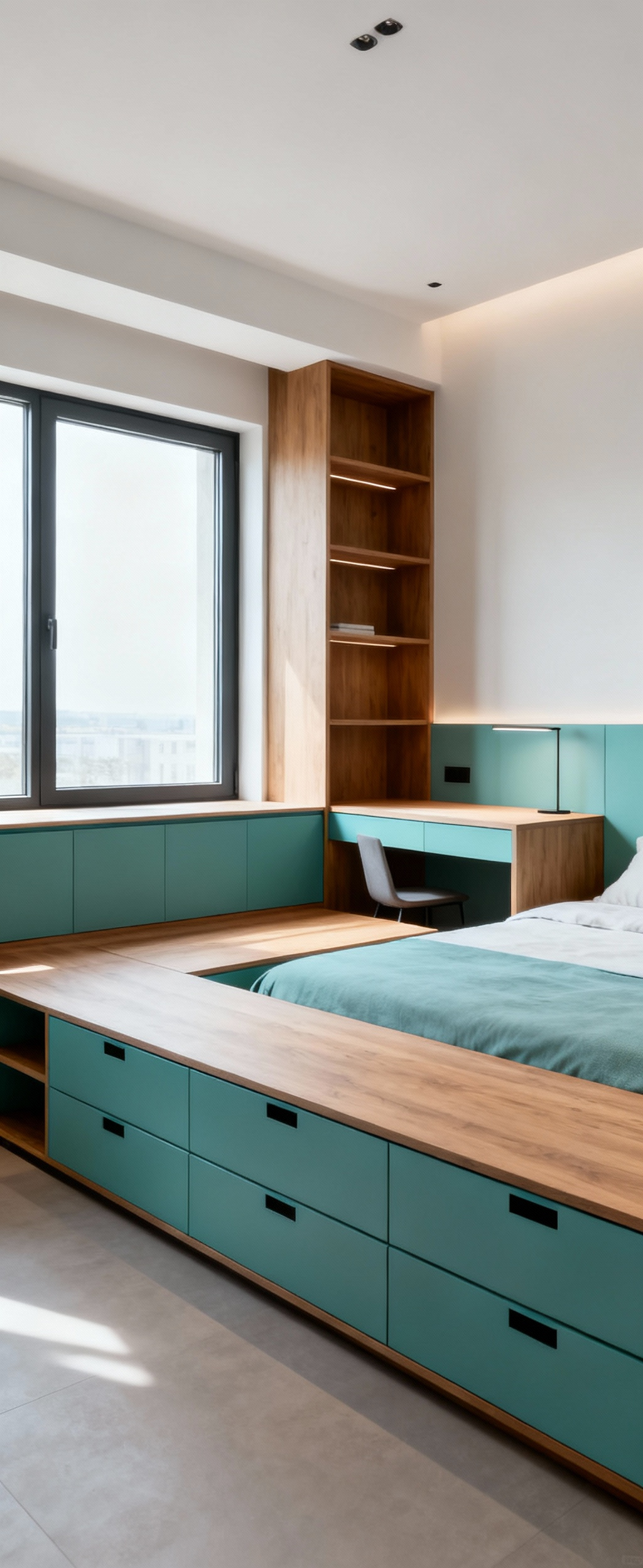 A modern bedroom featuring a sleek storage bed with drawers and a compact desk integrated into shelving, demonstrating multi-purpose furniture maximizing dual utility.