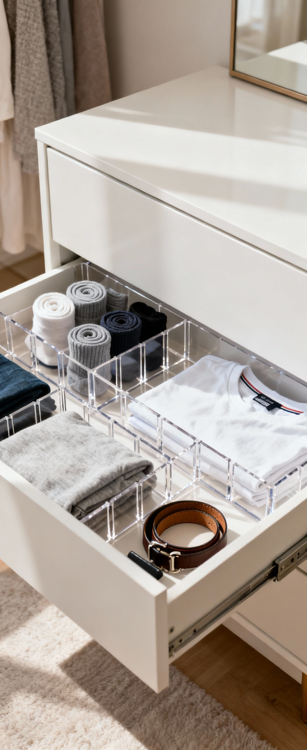 A meticulously organized bedroom dresser drawer using clear acrylic modular dividers, showcasing various clothing items and accessories neatly separated for easy intuitive access and ultimate space optimization.