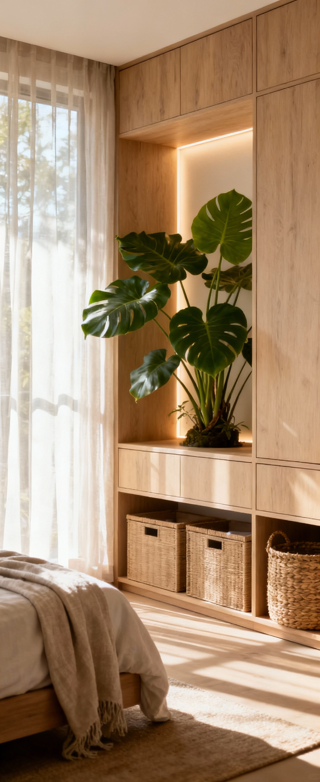 A serene biophilic bedroom with abundant natural light, showcasing built-in wooden storage, a large philodendron plant, and natural linen textiles, reflecting principles of natural calm and organized space.