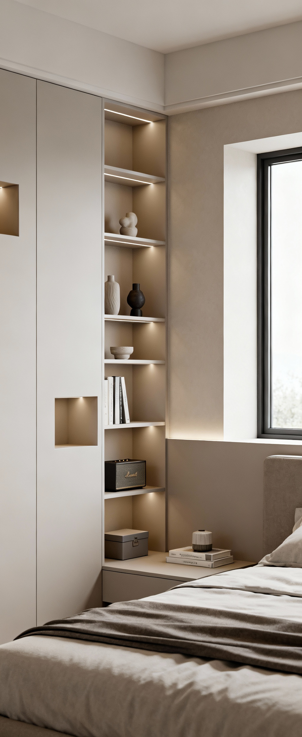 A stylish bedroom wall with mounted white shelving units and integrated cubbies, neatly organized with decorative items and books, showcasing <a href=