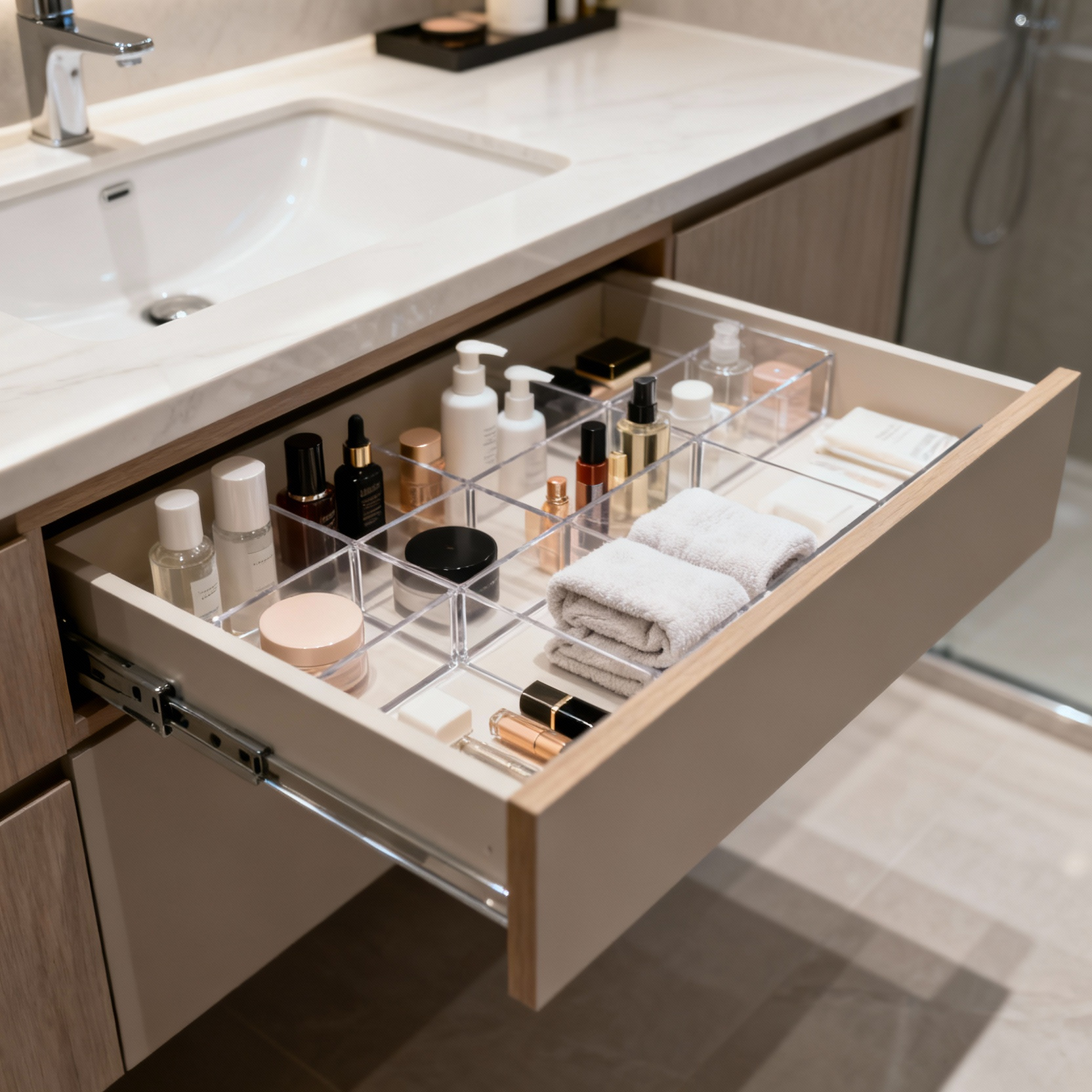 A meticulously organized bathroom drawer with custom-fit wooden dividers, neatly containing toiletries and cosmetics, viewed from above.