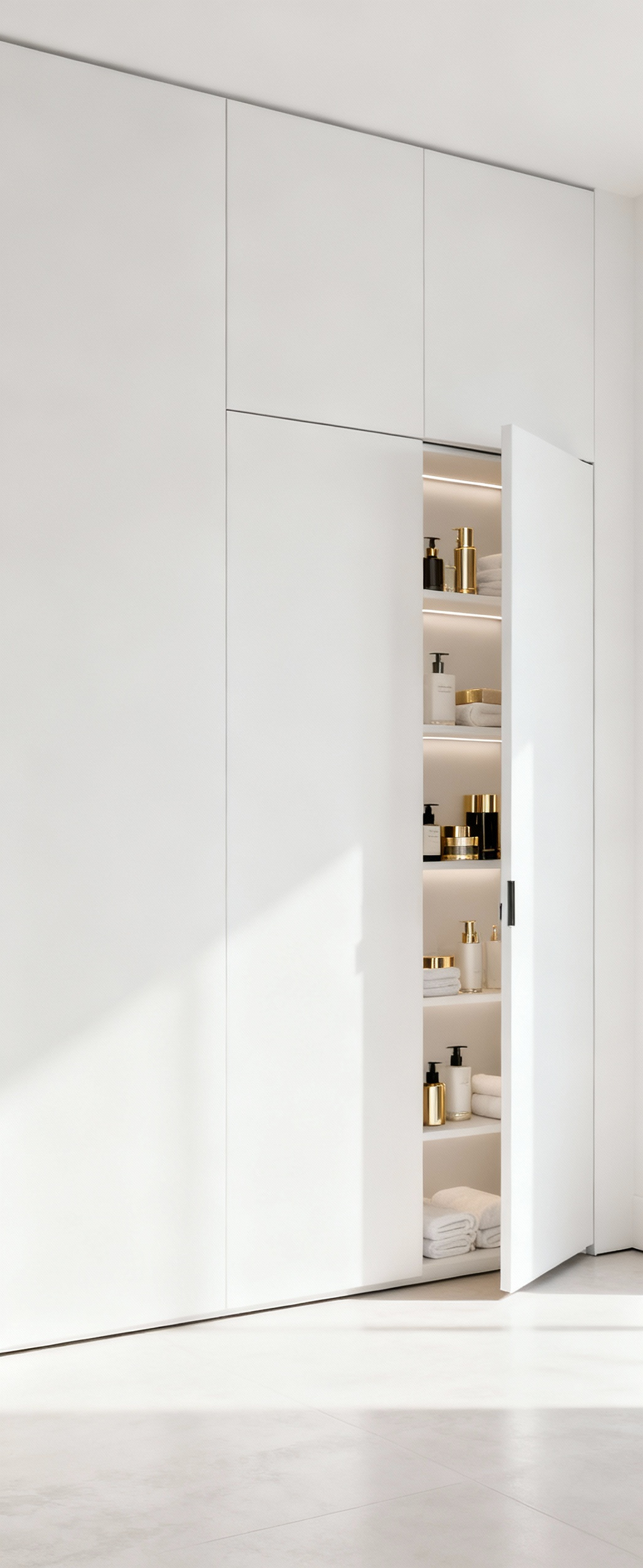 Sleek, flush-mounted, concealed storage cabinet in a modern minimalist bathroom, showcasing seamless integration into a white wall with luxurious organized interiors.