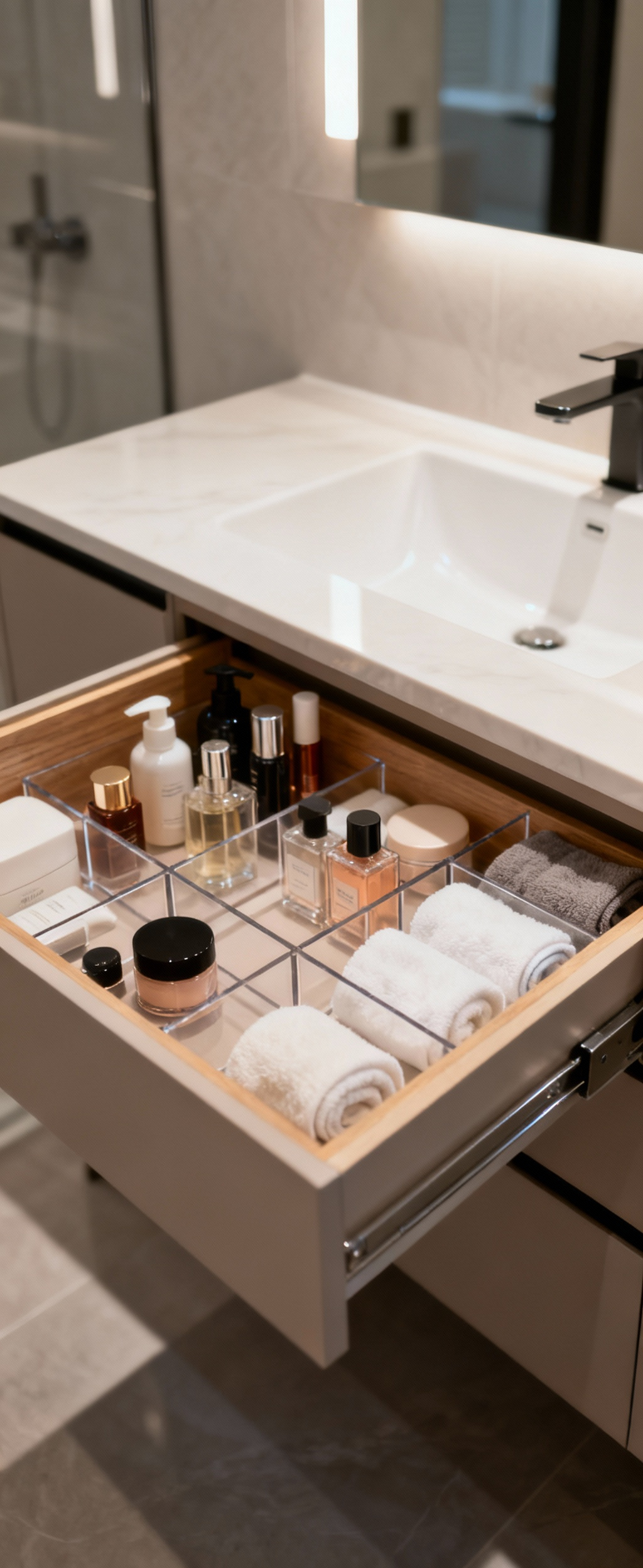 A meticulously organized bathroom drawer with custom-fit wooden dividers, neatly containing toiletries and cosmetics, viewed from above.