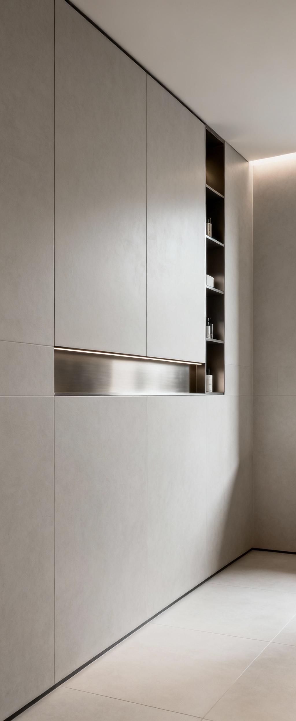 A modern, minimalist bathroom with a seamless wall featuring an integrated, flush hidden wall cavity storage panel, reflecting a decluttered and organized space.