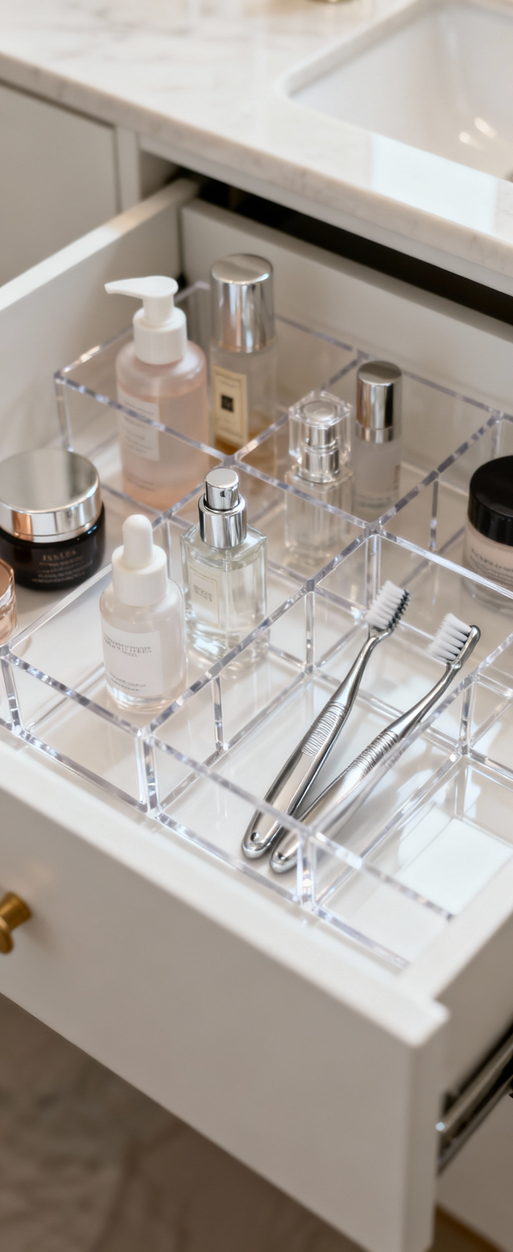 Open bathroom drawer with custom-fit clear acrylic organizers holding various bathroom essentials, showing meticulous organization.