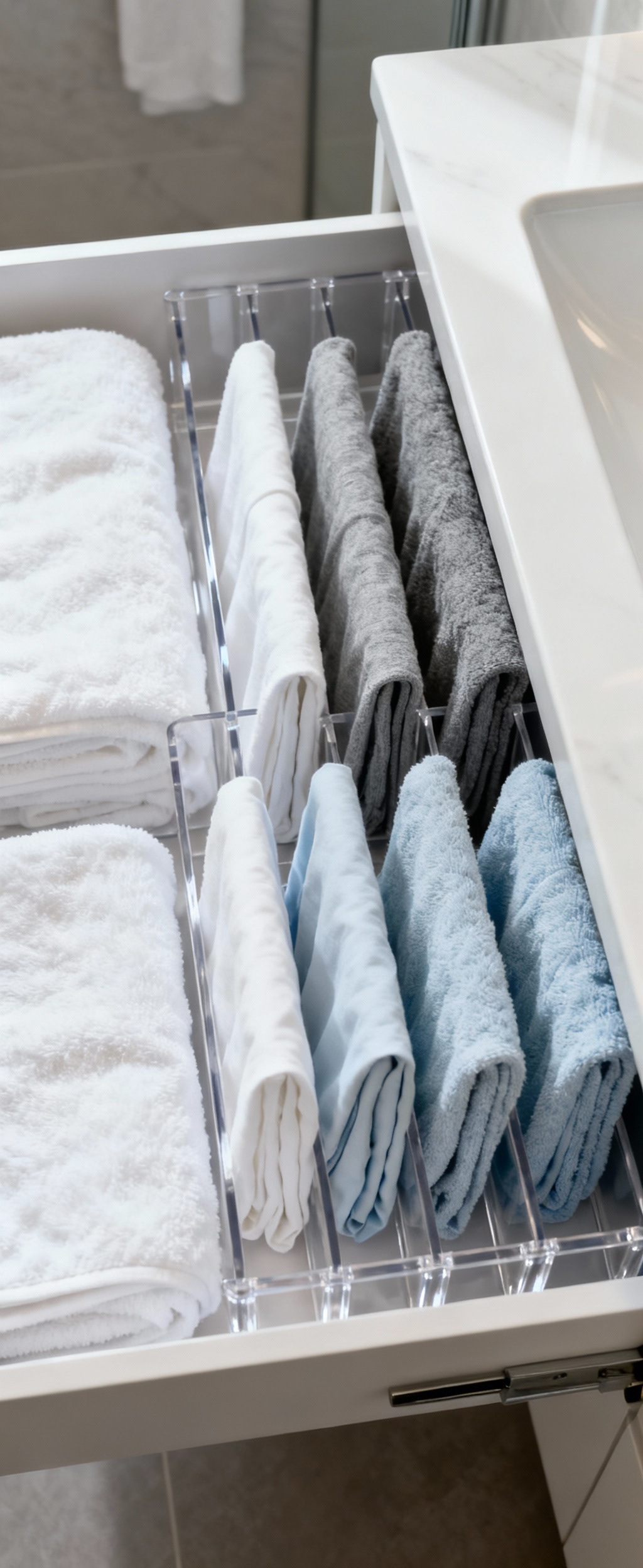 A pristine bathroom drawer filled with vertically folded white, grey, and blue towels and linens, neatly arranged with clear dividers, demonstrating KonMari organization.