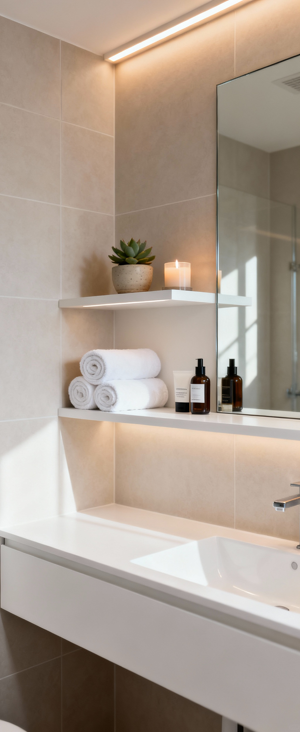 Sleek white floating shelves in a modern bathroom, holding neatly rolled towels, a green plant, and various bathroom essentials above a vanity.