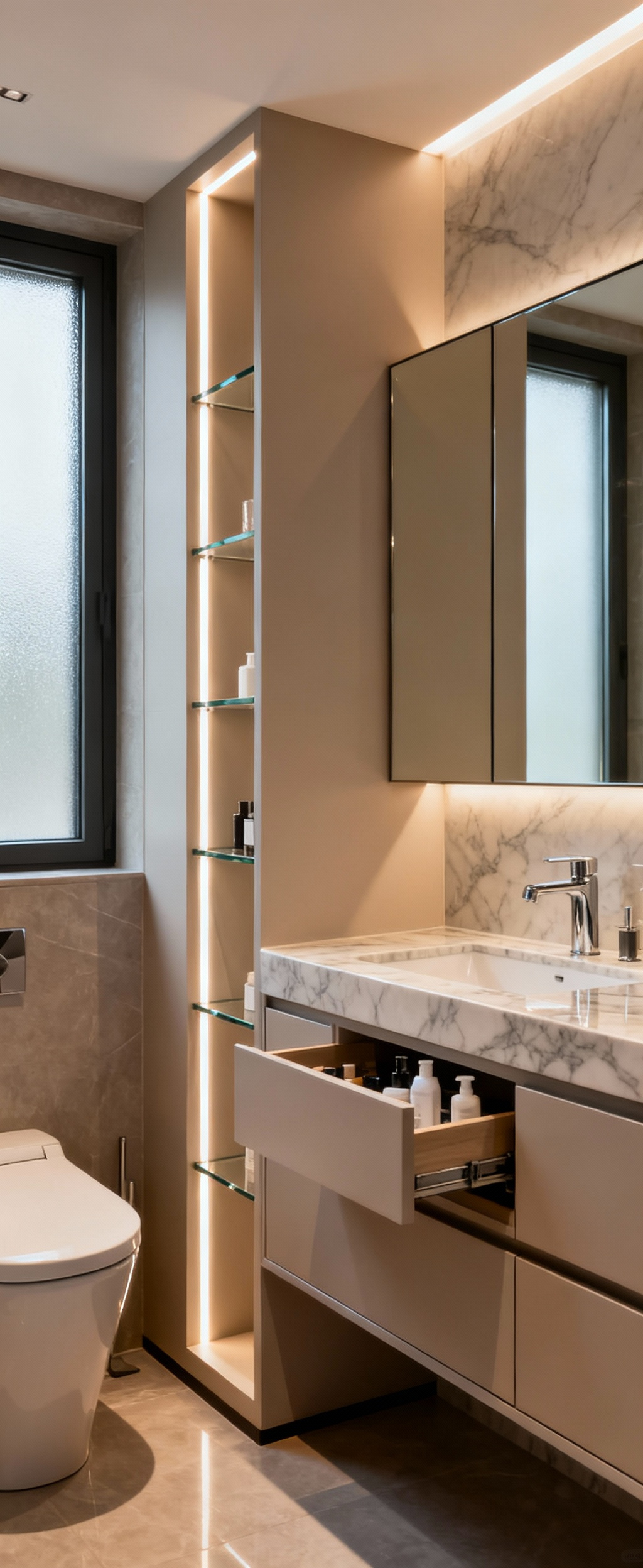 Modern bathroom interior featuring custom-built, full-height mirrored vanity and integrated storage cabinets extending into a vertical wall recess, optimized for spatial efficiency with discreet LED lighting.
