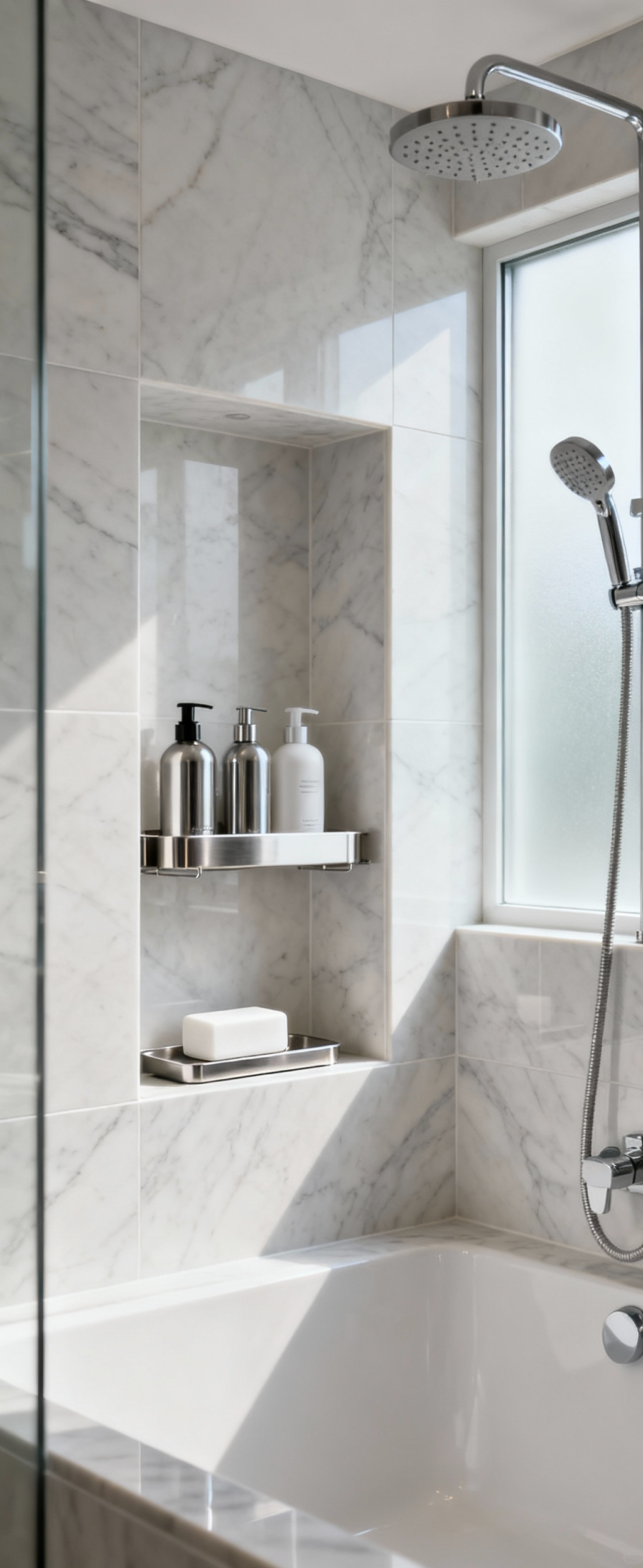 A modern shower featuring an integrated tiled niche with a stainless steel caddy holding neatly arranged bath products for effective in-shower organization.