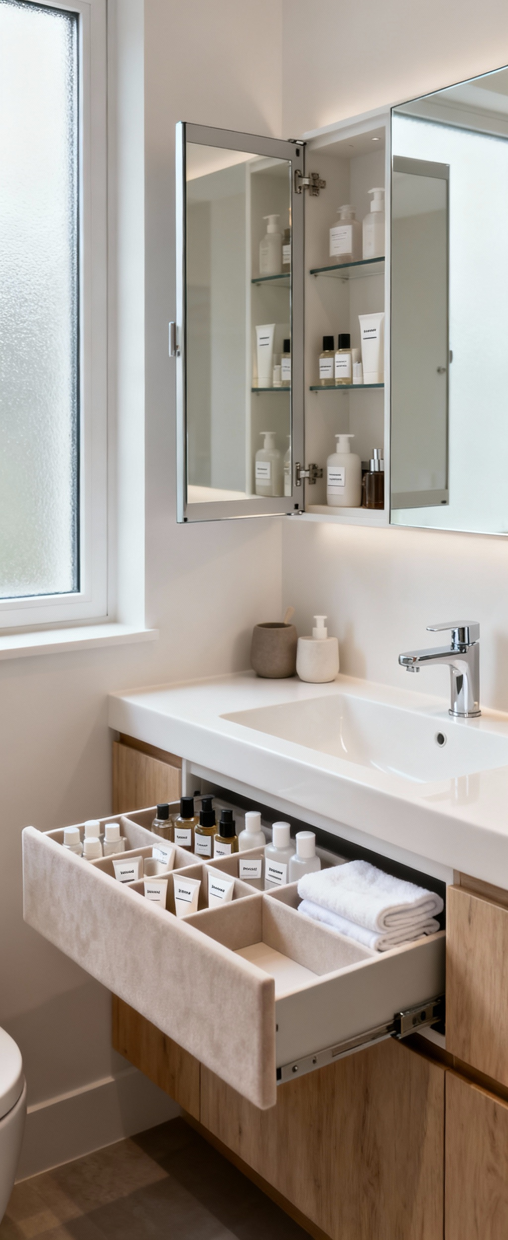 A modern bathroom vanity with perfectly organized drawers and a mirrored cabinet, demonstrating the 'One-In, One-Out' sustainable decluttering policy for toiletries and essentials.