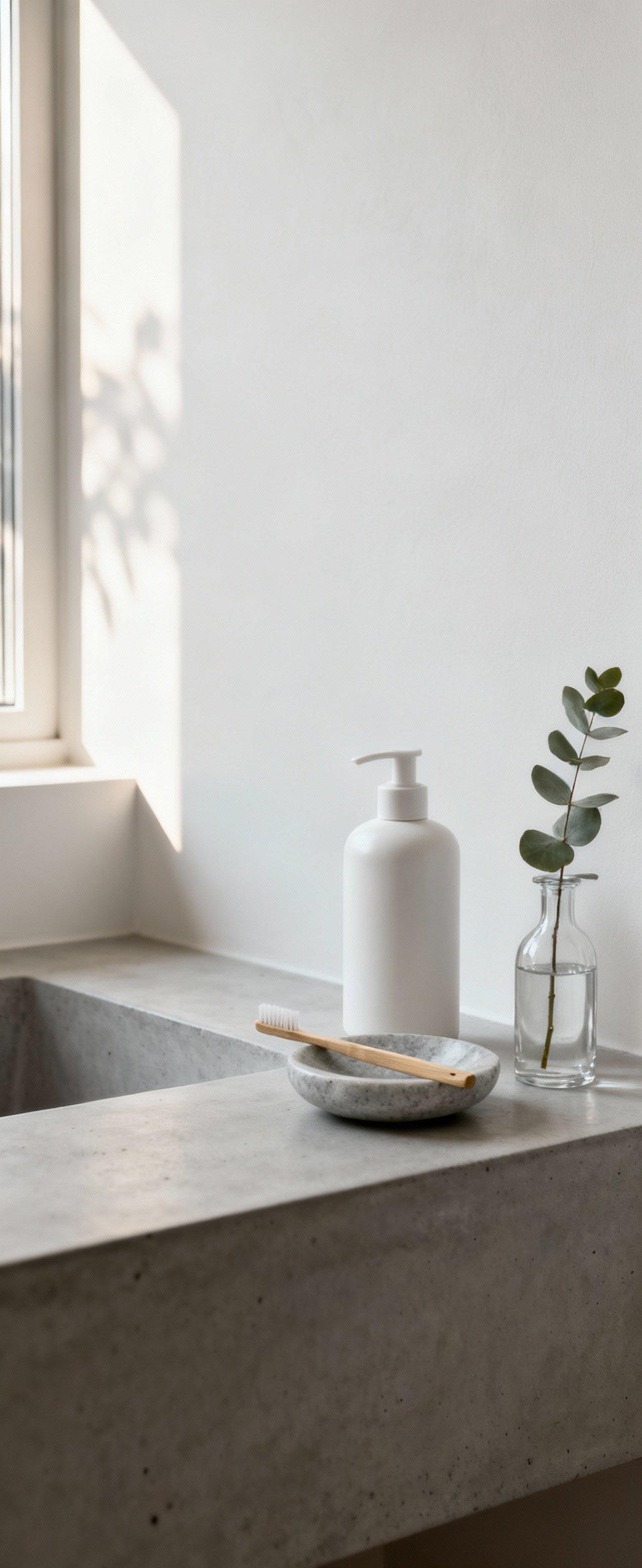 Modern bathroom vanity with a curated minimalist display: matte white soap dispenser, natural stone dish with bamboo toothbrush, and eucalyptus in a glass bottle on a light concrete countertop under soft natural light.