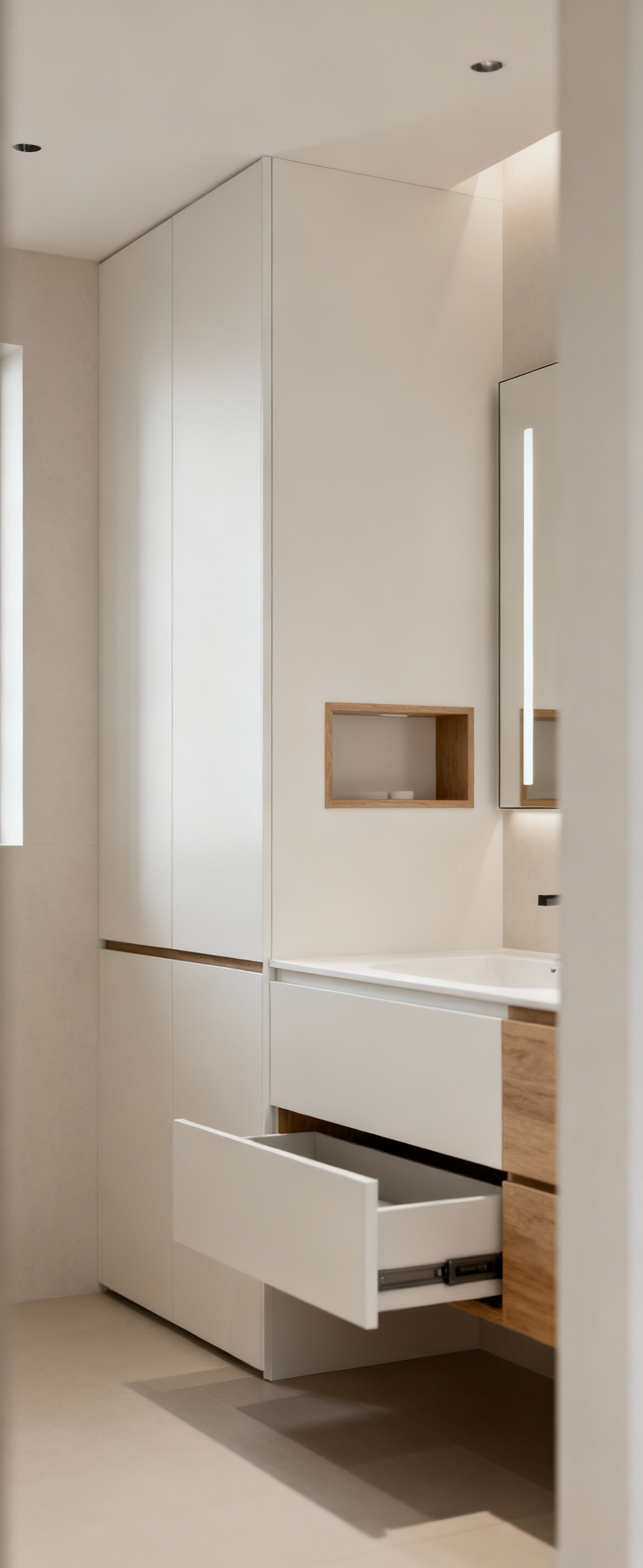 Modern bathroom with seamless, custom built-in cabinetry integrating vanity, drawers, and recessed storage, finished in matte white and wood.