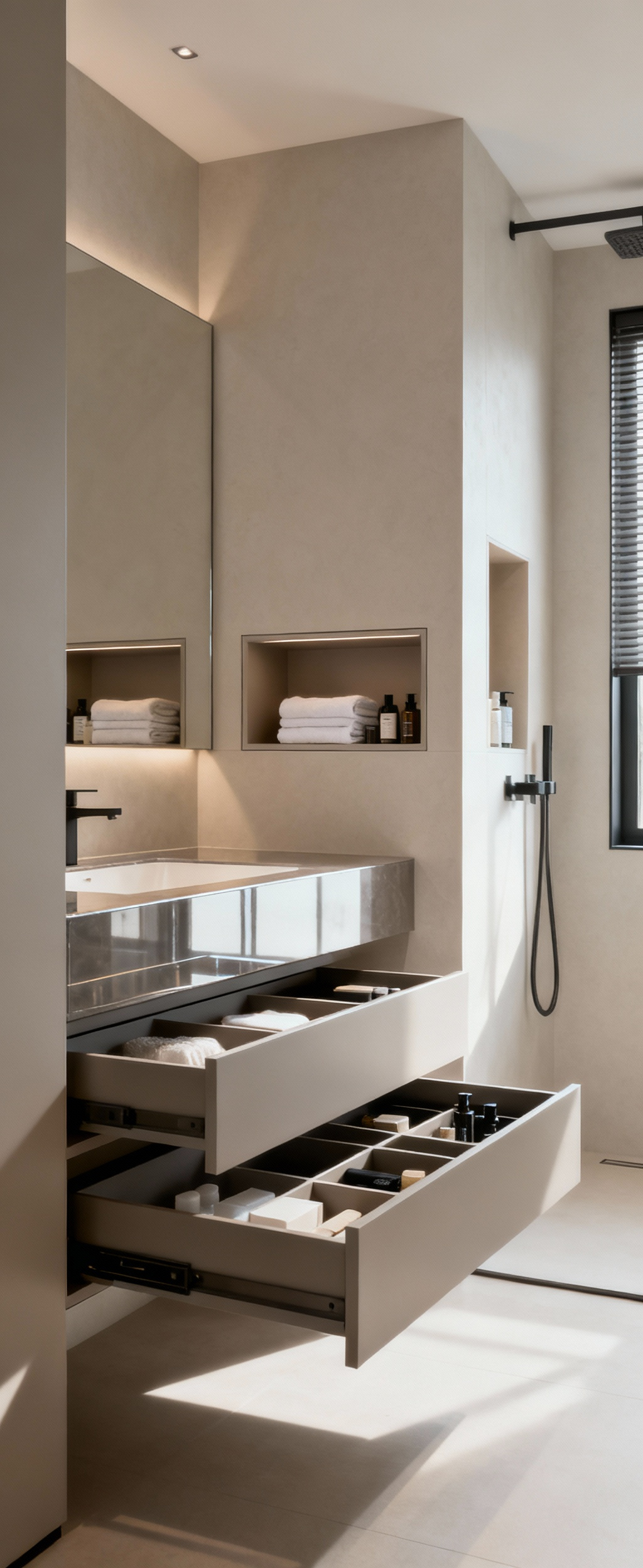 Modern bathroom with a visible zoned storage system featuring elegant custom cabinetry, organized vanity drawers with specific inserts, and recessed wall storage for a decluttered, functional space.