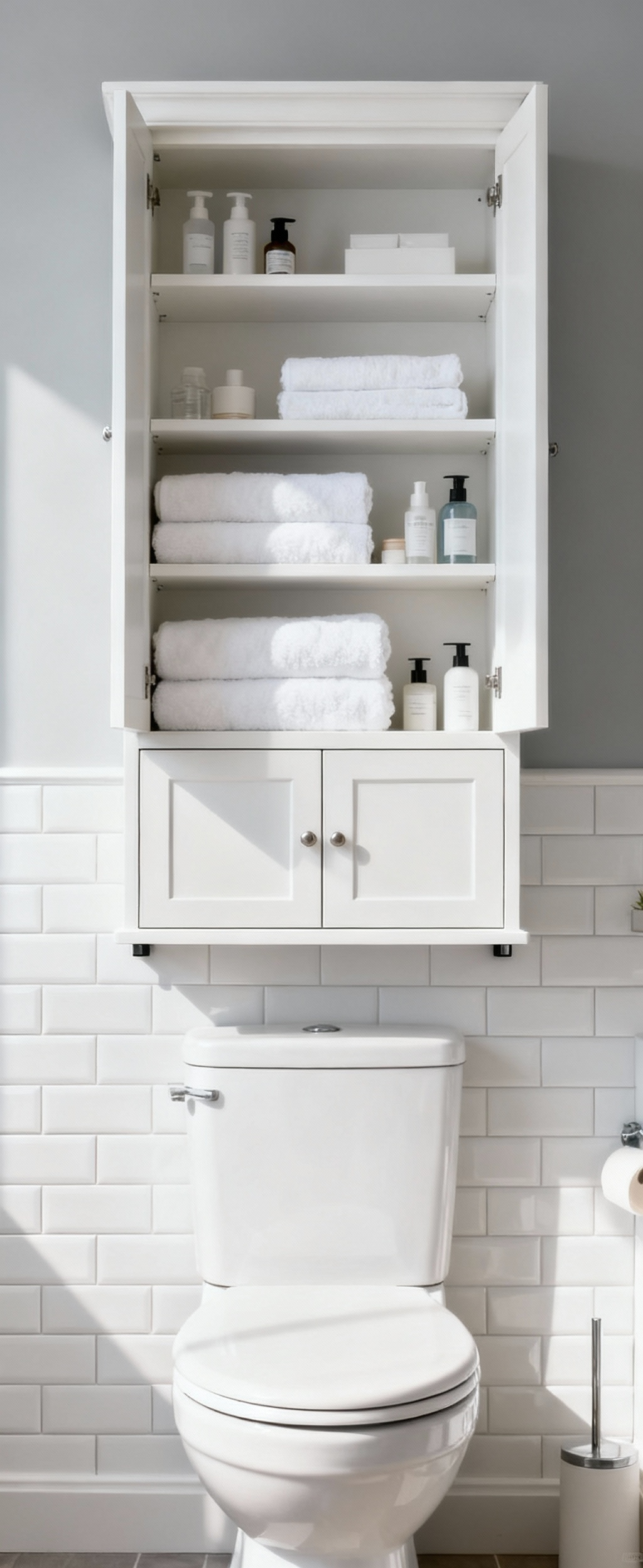 Modern bathroom with a sleek, white over-the-toilet storage unit providing vertical storage above the toilet, organizing toiletries and towels.
