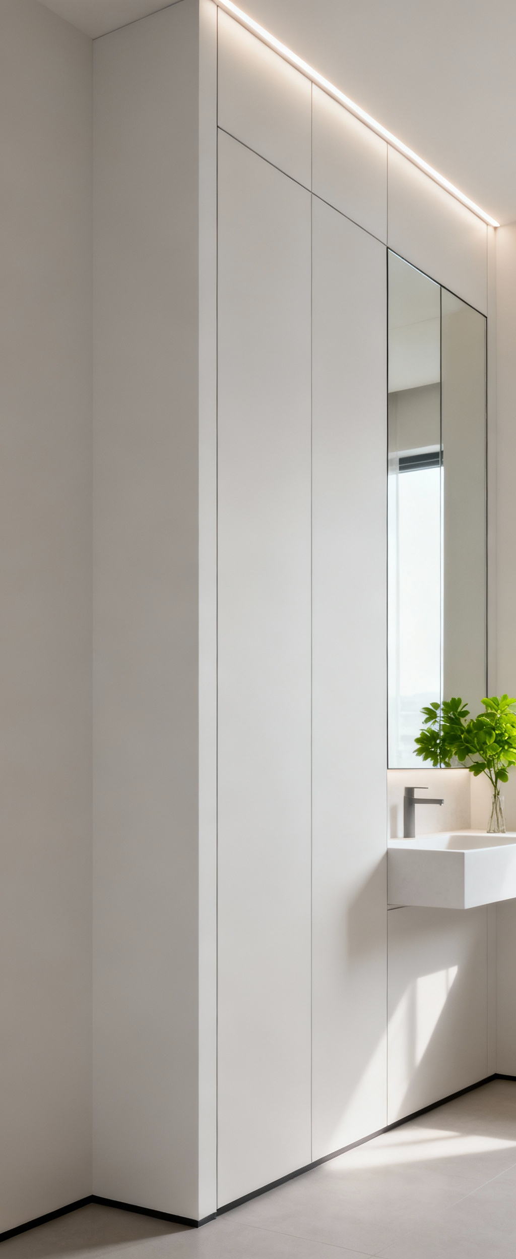 A modern bathroom featuring a floor-to-ceiling mirror storage wall, flush with the wall, providing hidden storage and reflecting a clean vanity, enhancing perceived spaciousness.
