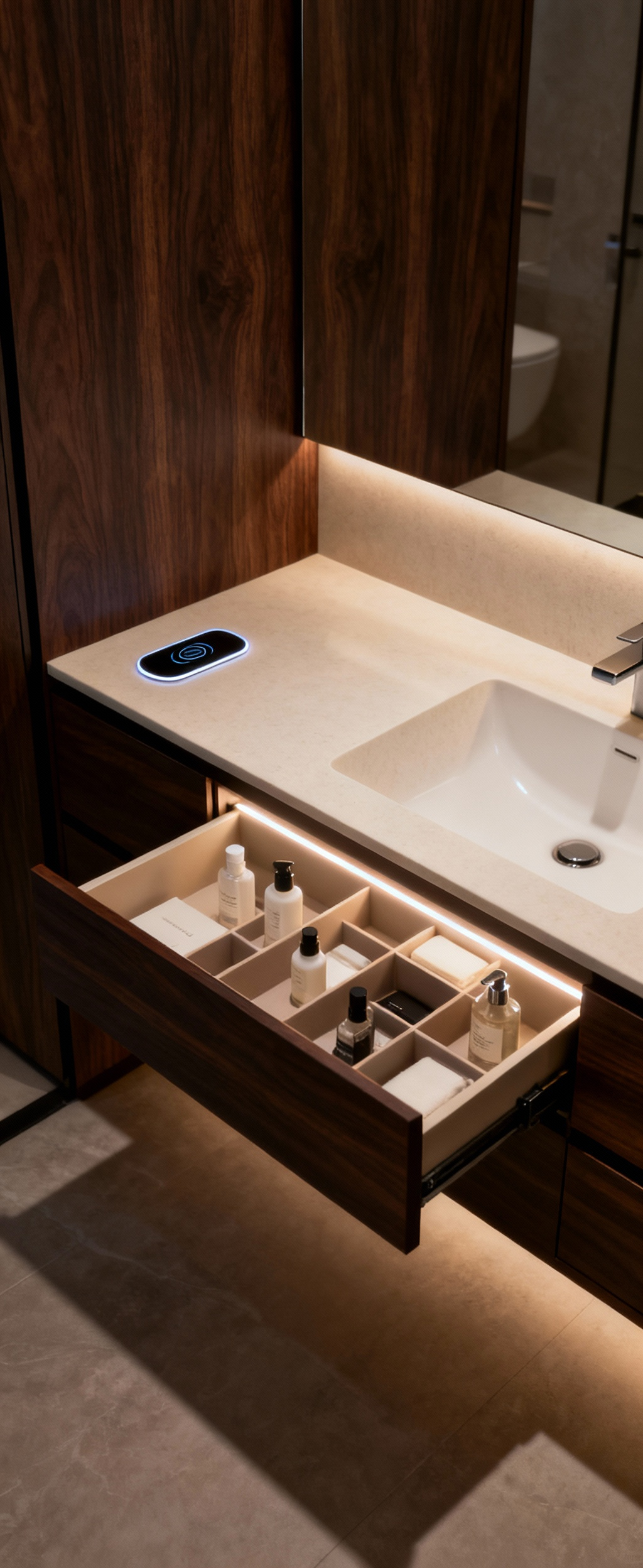 A modern bathroom with a high-functioning smart storage vanity, showing a partially open drawer revealing organized interior compartments and lighting.
