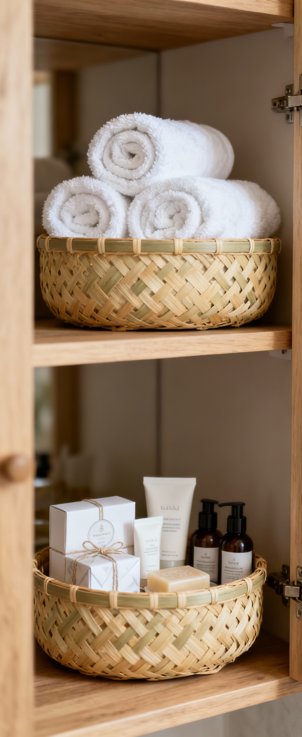 Portrait image of decorative woven baskets on open bathroom shelves, neatly storing white rolled towels and luxury toiletries.