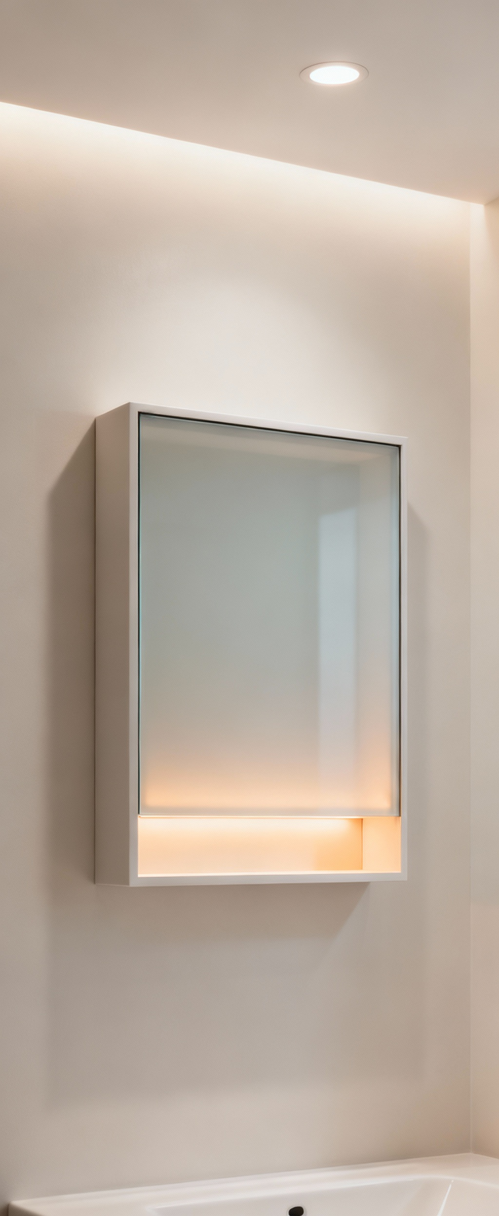 A minimalist bathroom with a smart glass recessed medicine cabinet, showcasing automated access and sleek, hidden storage technology for a modern feel.