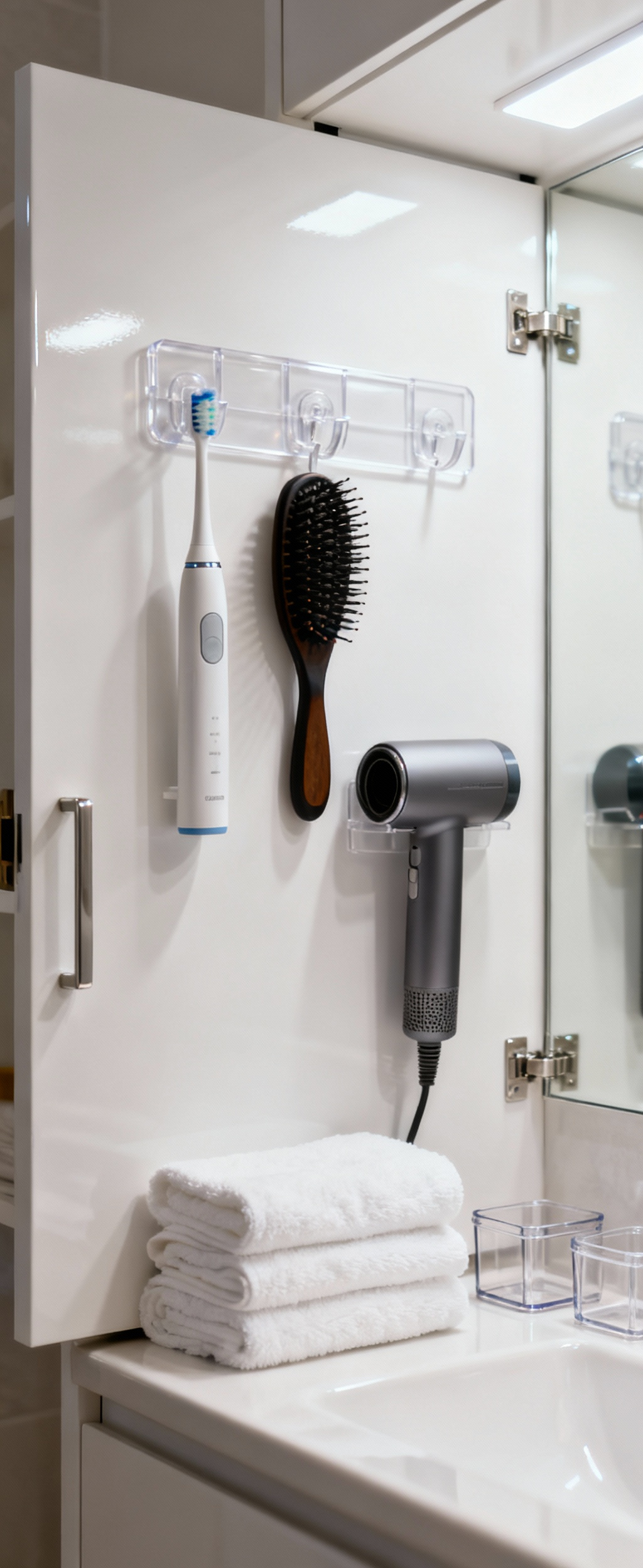 Inside of a white bathroom cabinet door with clear Command Hooks neatly organizing an electric toothbrush and hairbrush, demonstrating smart vertical storage for a decluttered counter.