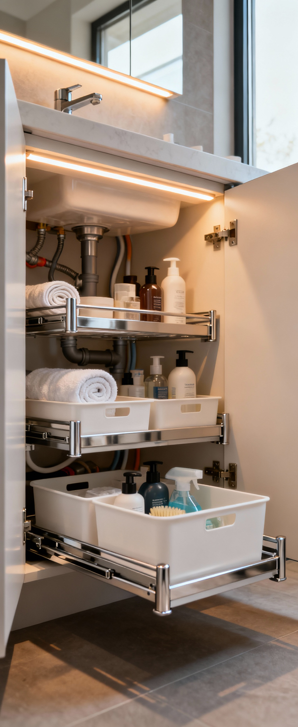 Under-sink vanity cabinet with pull-out sliding organizers extended, showcasing neatly arranged bathroom toiletries and cleaning supplies, with a modern, clean aesthetic.