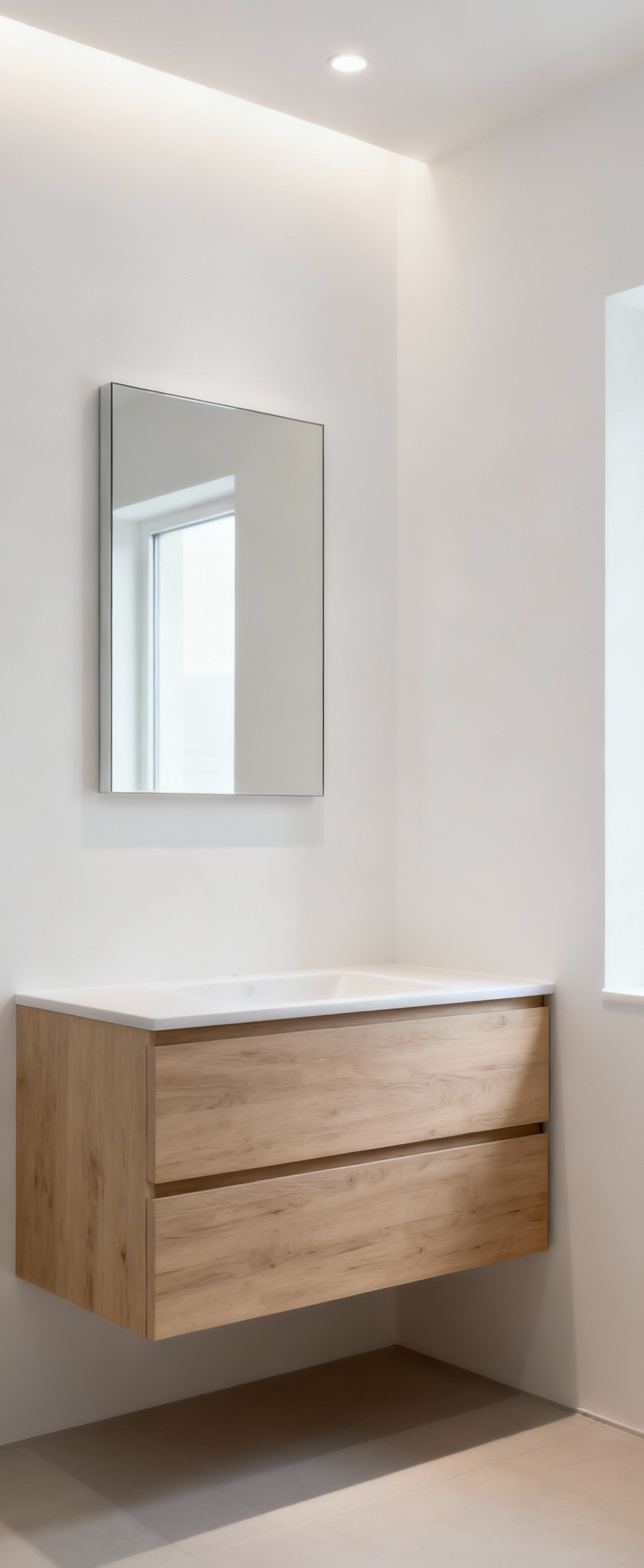 Sleek modern bathroom featuring a perfectly flush, frameless recessed medicine cabinet integrated into a white wall above a vanity, showcasing seamless storage.