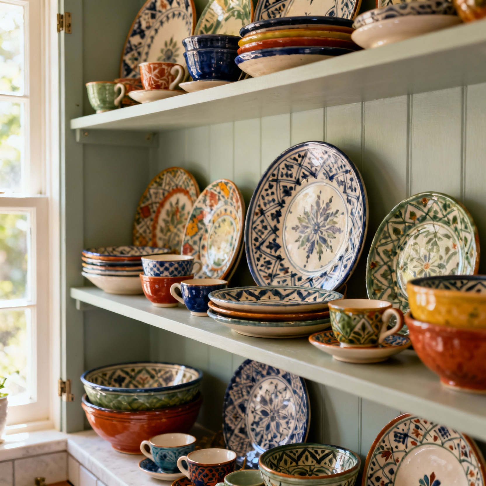 A beautifully arranged collection of vibrant patterned ceramic plates and bowls on open kitchen shelves, showcasing colorful dishware displays that add personality to kitchen decor.