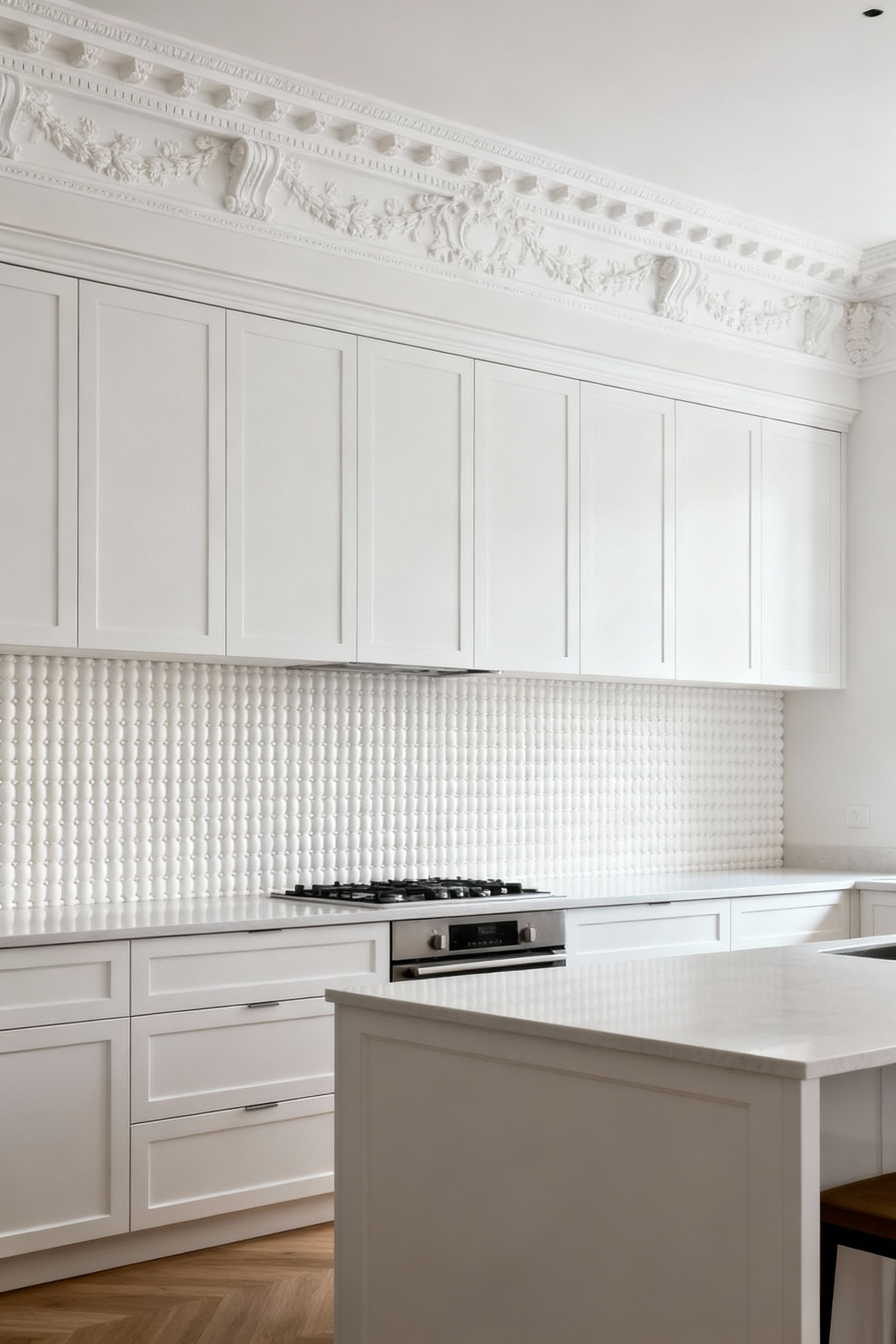 Elegant white kitchen with ornate crown molding on top of upper cabinets and subtly textured beaded paneling on an island. No people.