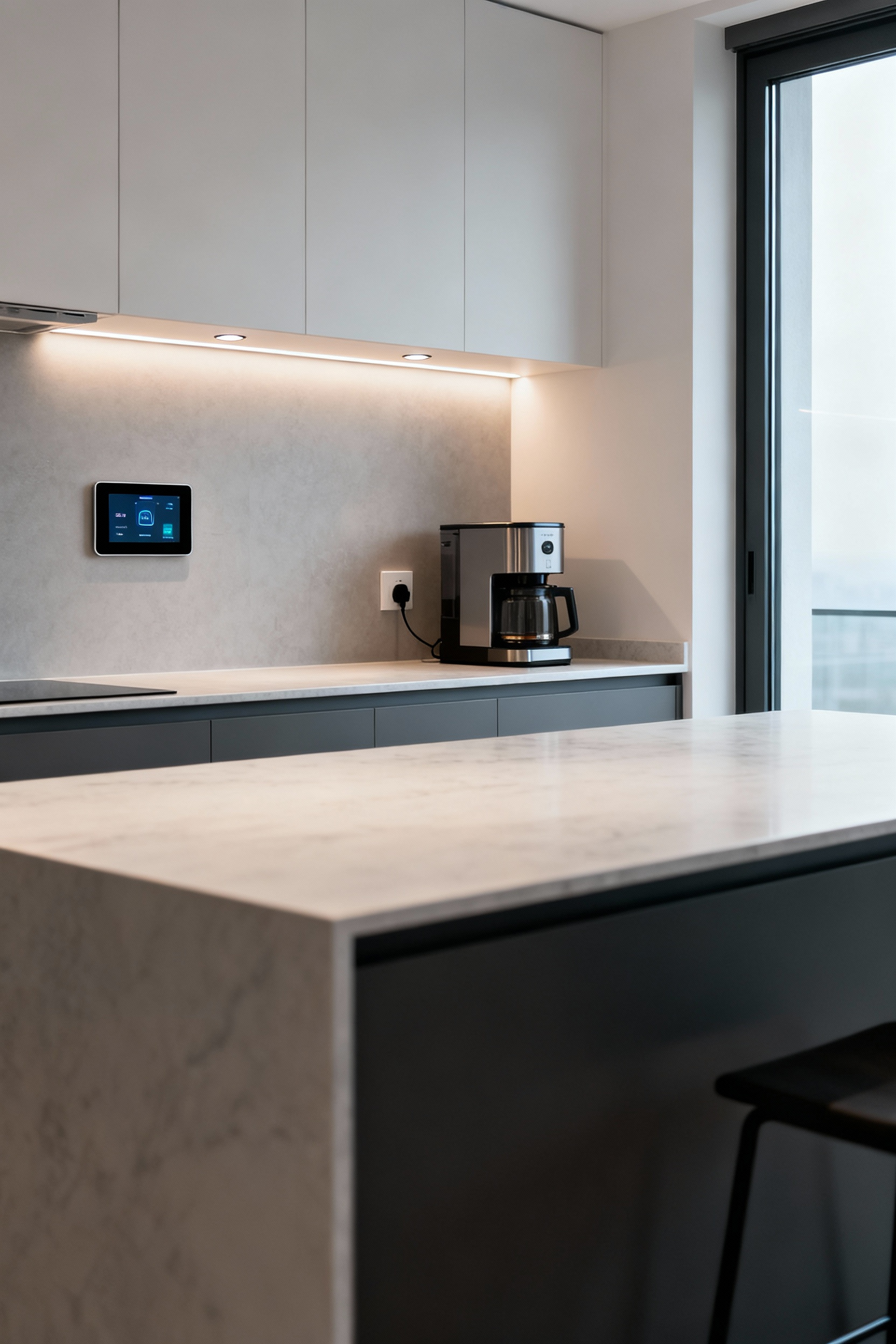 Modern kitchen showcasing seamless smart home technology integration with recessed lighting, smart appliances, and minimalist design, emphasizing efficiency and sleek aesthetics.