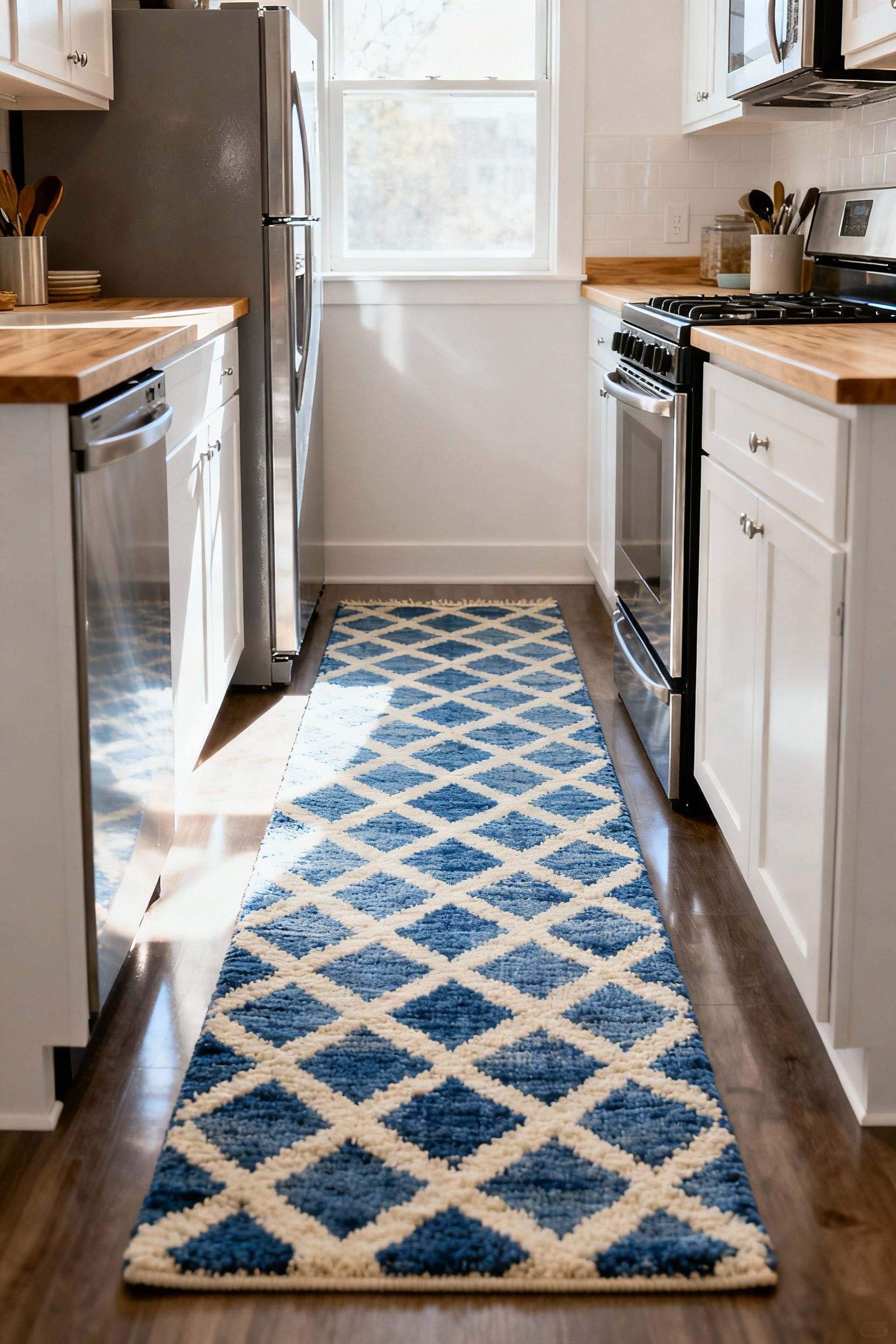A long blue and cream geometric patterned runner rug defines the pathway in a bright, modern galley kitchen with white cabinets and wood countertops.